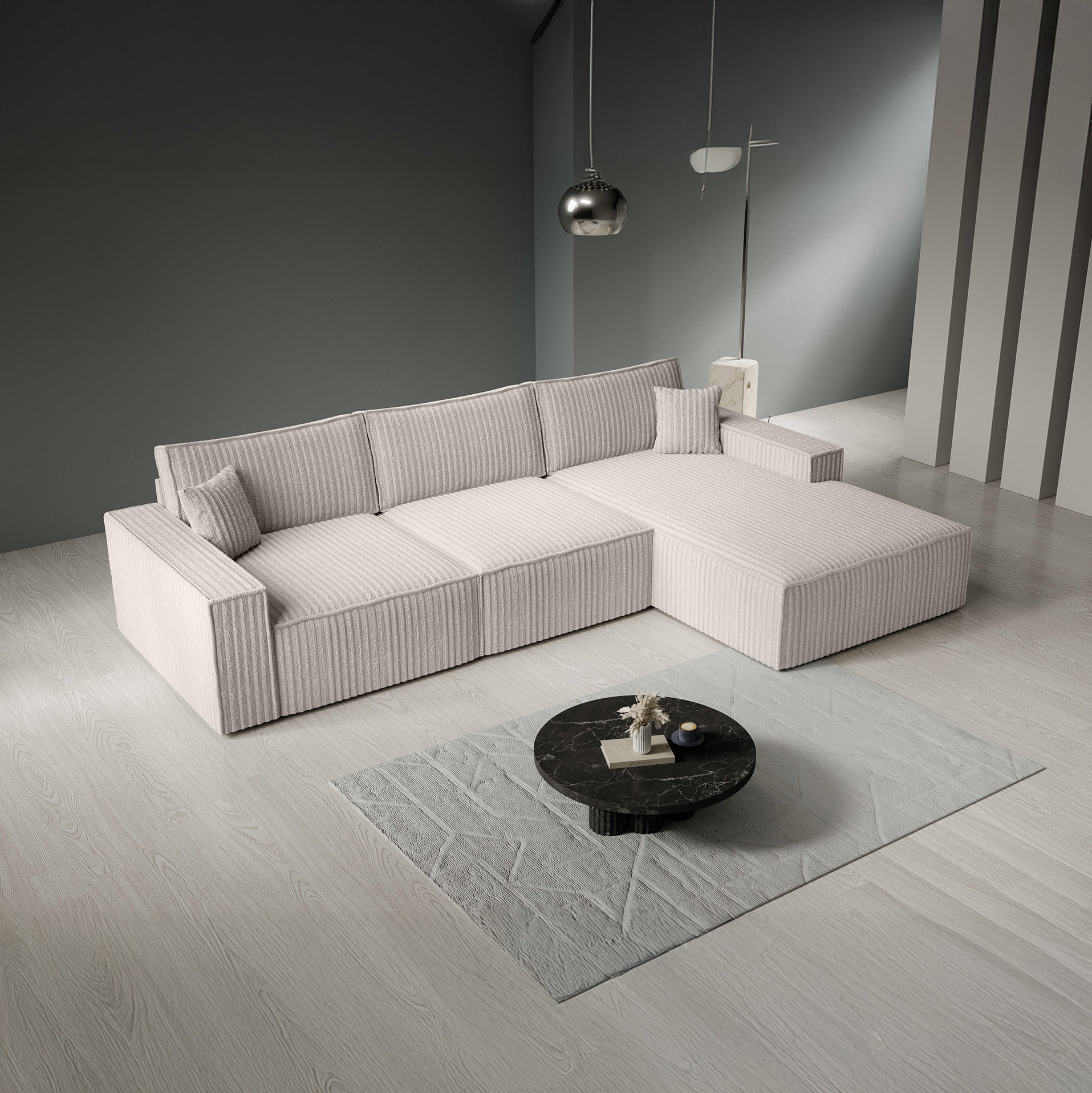 Manolo - Hoekbank 3-zits met chaise longue - Ribstof beige - Rechts