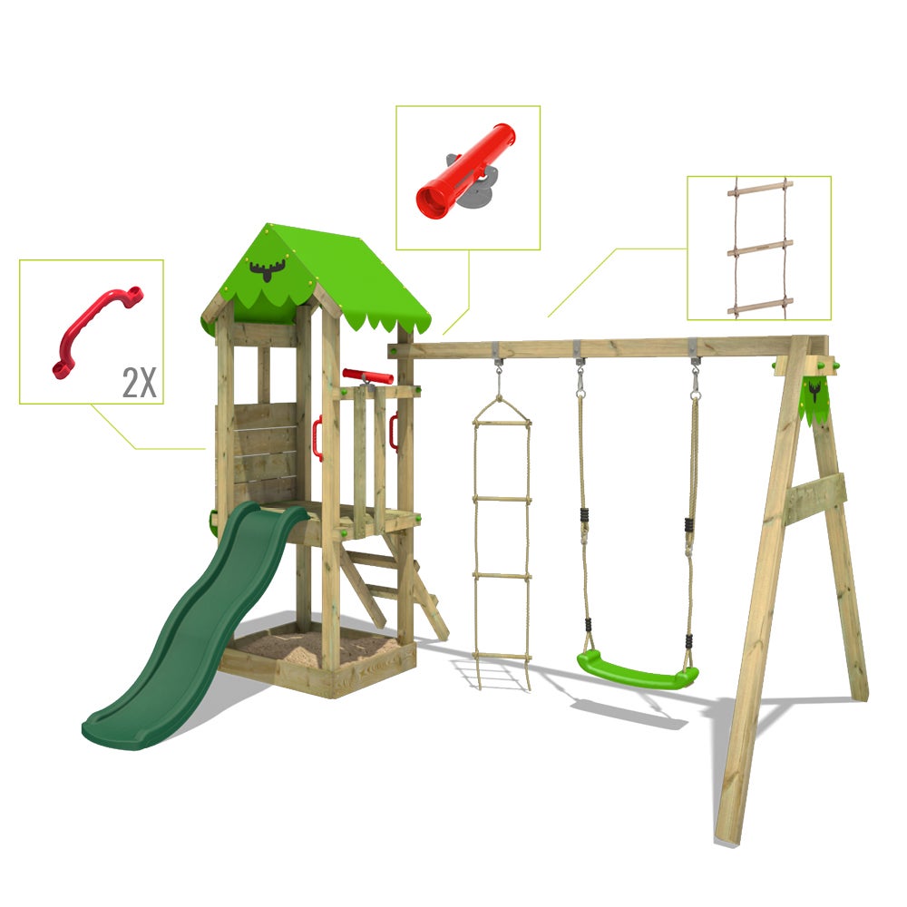Fatmoose FriendlyFrenzy speeltoren klimtoestel met schommel en glijbaan, klimtoren met zandbak, ladder en speelaccessoires – appelgroen