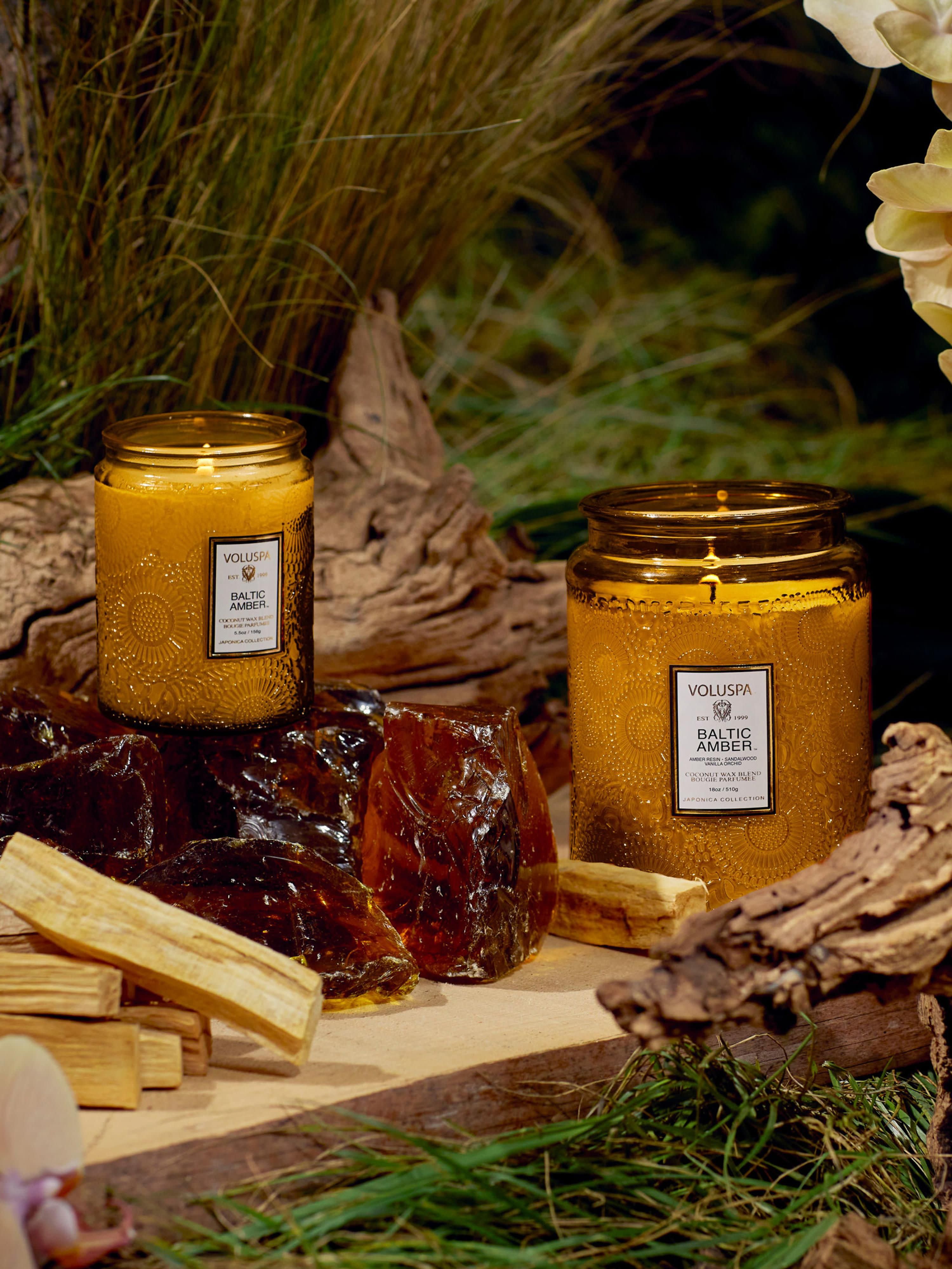Handgemaakte geurkaars Japonica Collection (amberhars, sandelhout, cederhout & vanille orchidee)