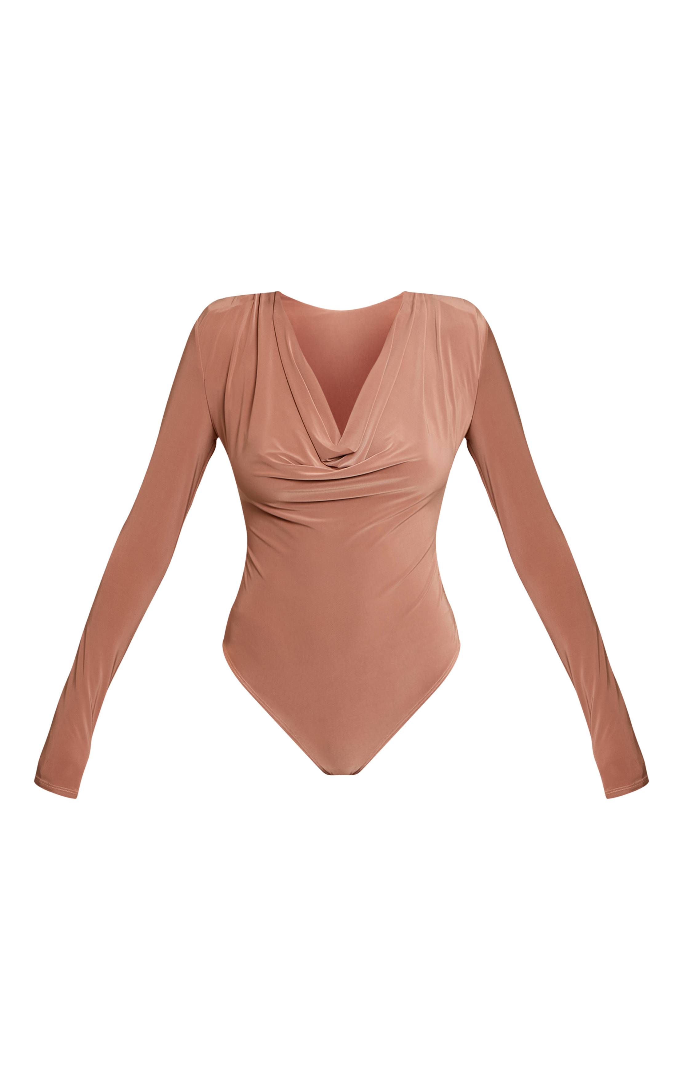 Marron Body À Manches Longues Col Bénitier Double Couche En Tissu Slinky