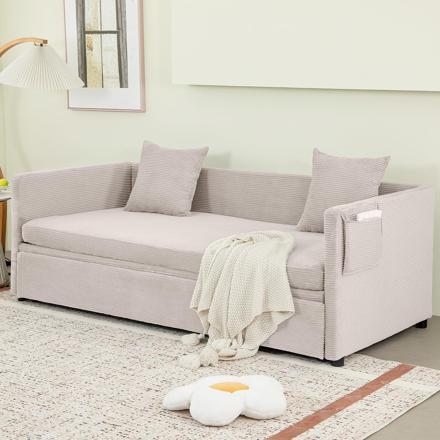 Schlafsofa, 2-Sitzer Sofa mit Schlaffunktion, Couch mit Kissen, für Wohnzimmer, Gästezimmer (Beige)