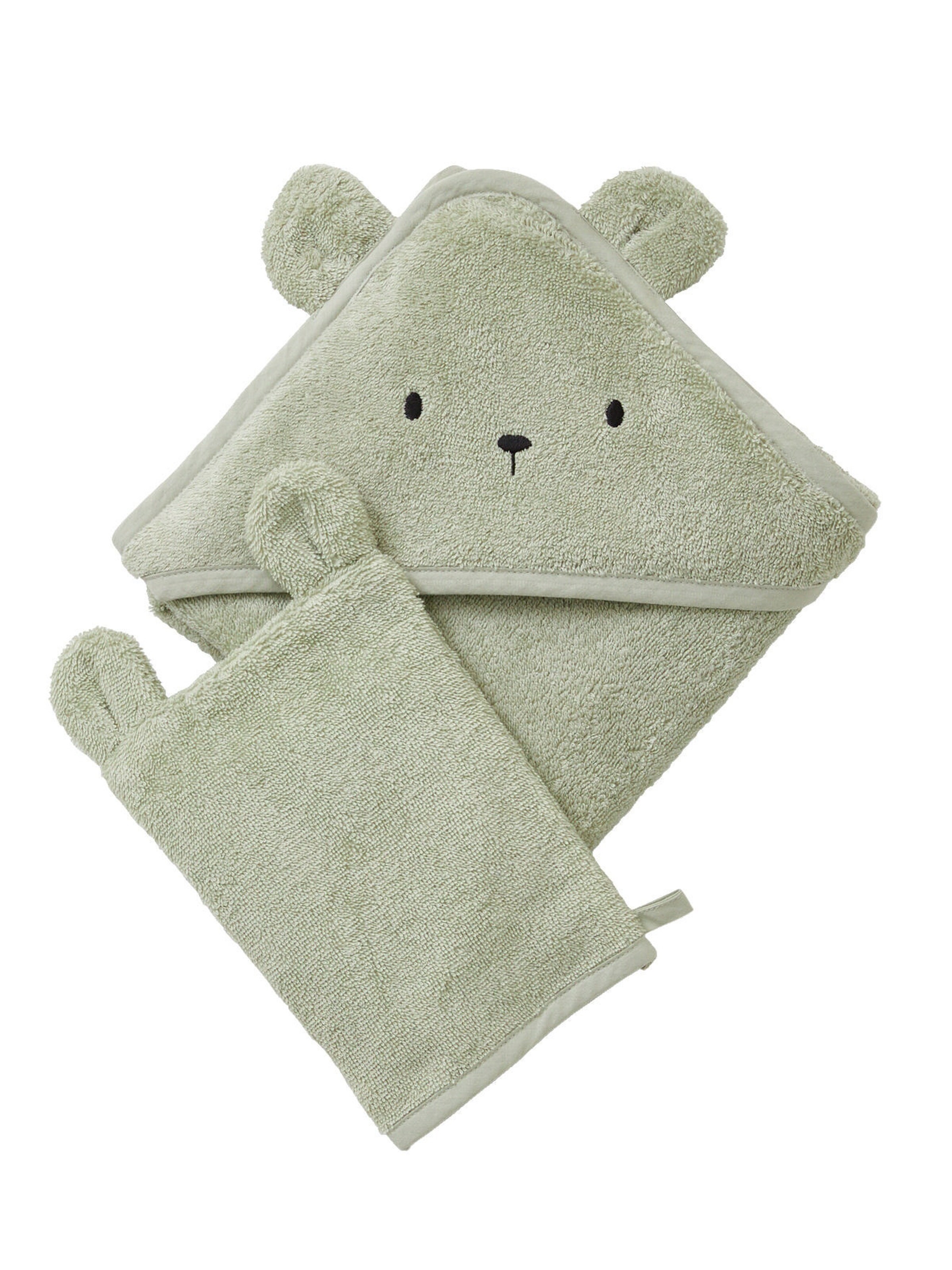 Vertbaudet Bio-Kollektion: Baby-Set aus Badetuch und Waschhandschuh salbeigrün/bär