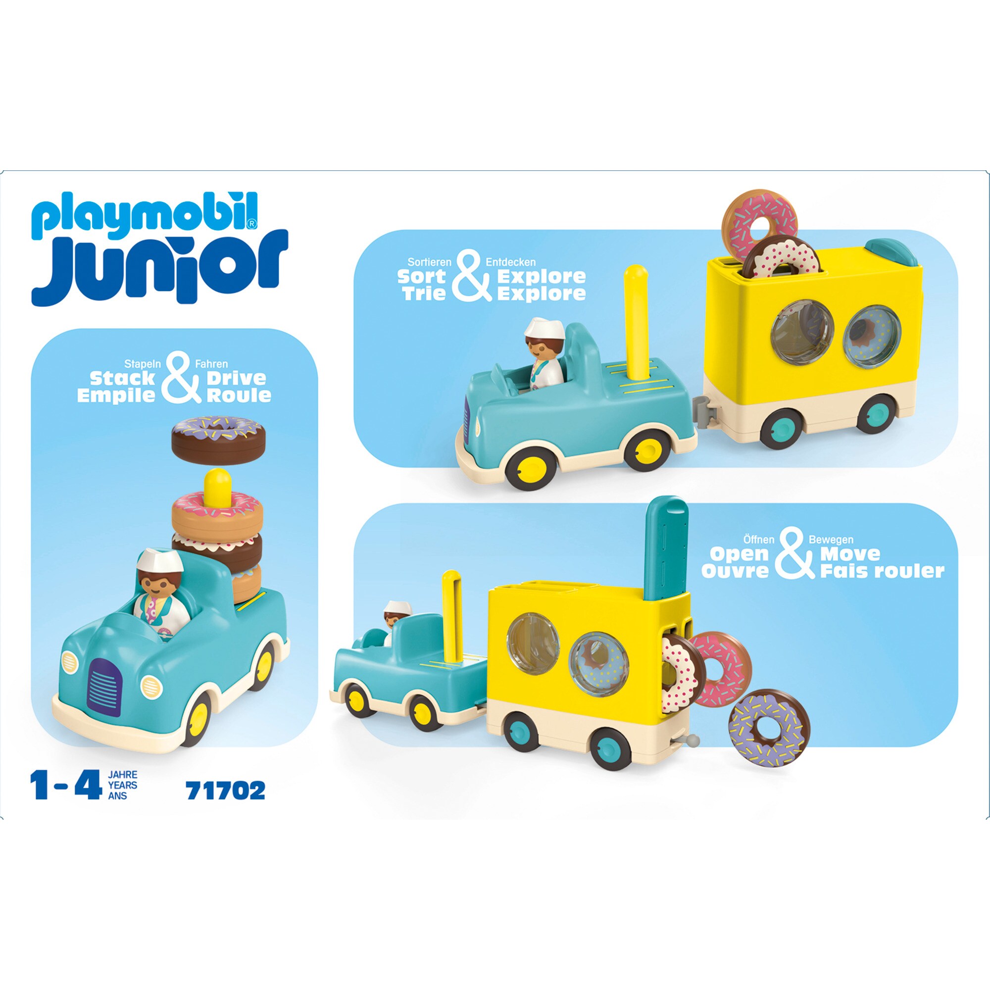PLAYMOBIL Konstruktionsspielzeug Junior: Verrückter Donut Truck mit Stapel- und Sortierfunktion