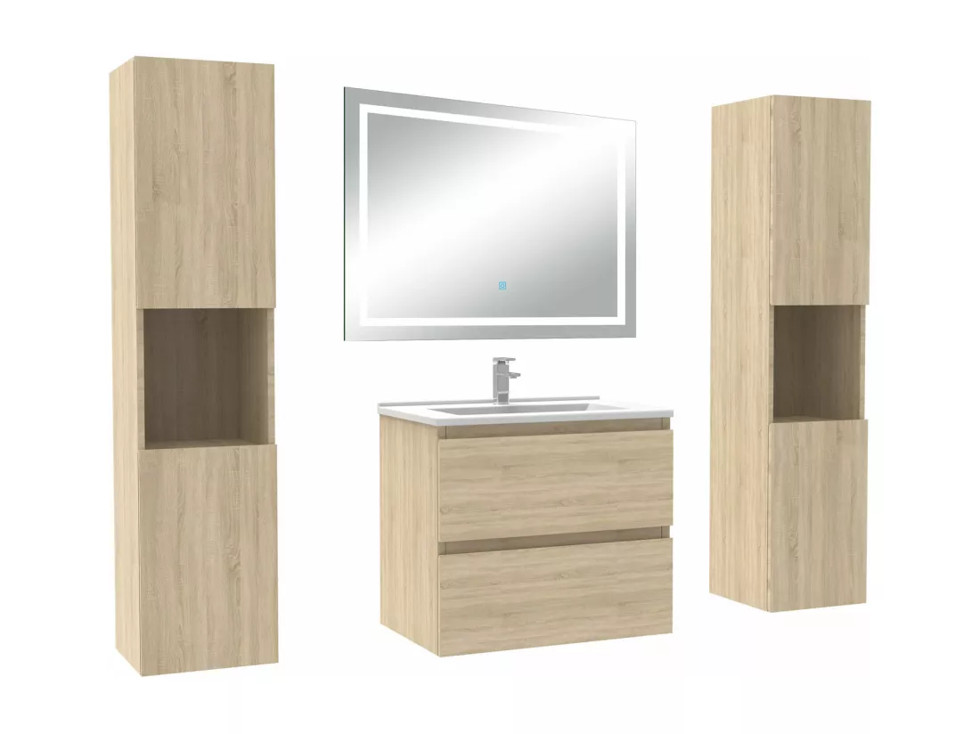 Ensemble meubles Salle de Bain 60cm avec colonne et miroir lumineux 3 couleurs et dimmable Chêne Wotan