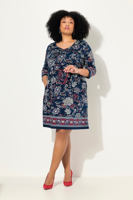Jerseykleid, Blüten, A-Linie, V-Ausschnitt, 3/4-Arm