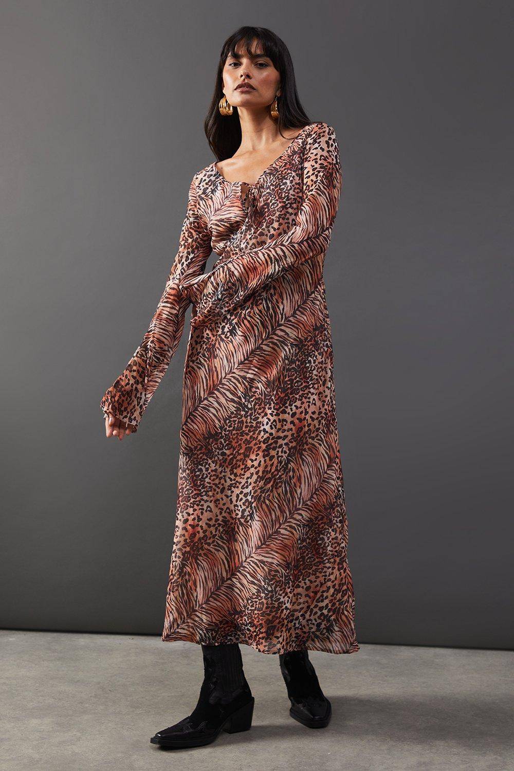 Warehouse Robe Midi Biais en Mousseline avec Nœud et Découpe Décolleté