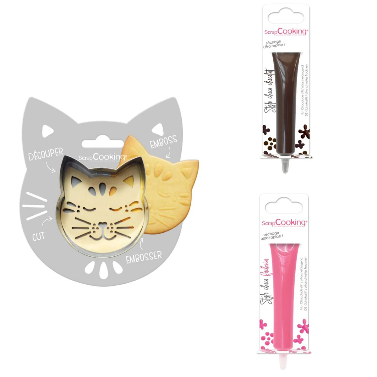 Kit pour biscuit en relief Chat + 2 Stylos au chocolat marron et fuchs