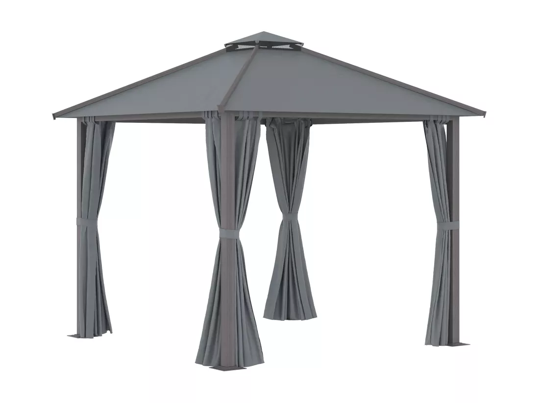 Pavillon de jardin style contemporain - barnum avec rideaux - dim. 2,96L x 2,96l x 2,8H m - alu. polyester gris