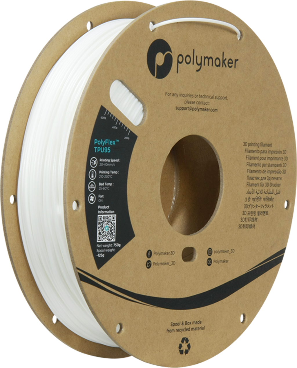 Polymaker  PolyFlex TPU95 Weiß, 1,75 mm (750 g)    Weißes flexibles Filament einfach zu verarbeiten