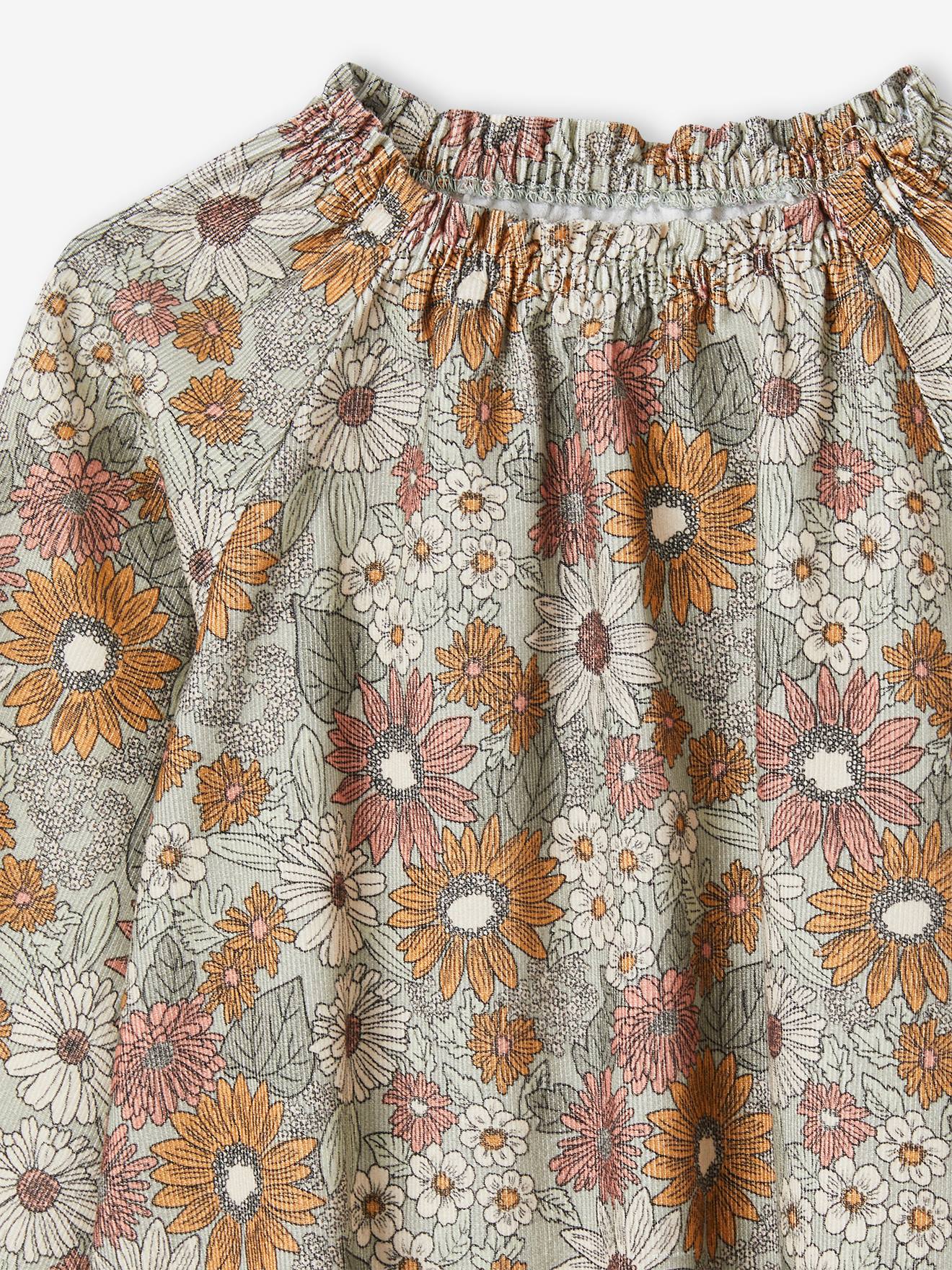 Blusa de veludo cotelê rosa antigo com estampa floral para meninas