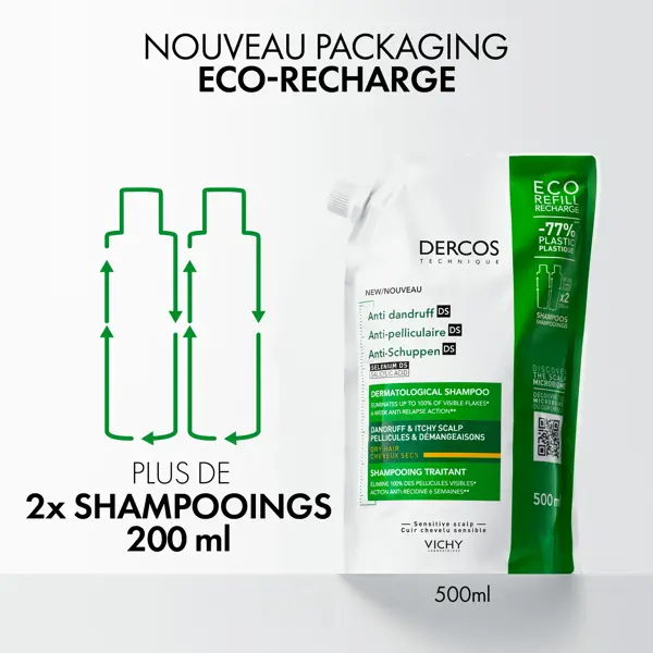 Shampoo Anticaspa Vichy Dercos para Cabelos Secos 200ml + Refil Ecológico 500ml