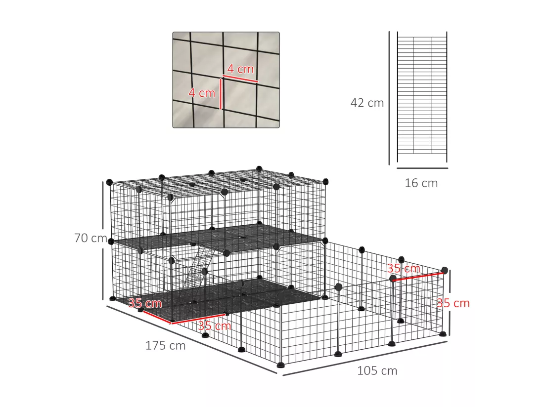 Cage parc enclos rongeurs modulable dim. L 175 x l 105 x H 70 cm 2 niveaux 2 portes rampe résine PP fil métallique noir