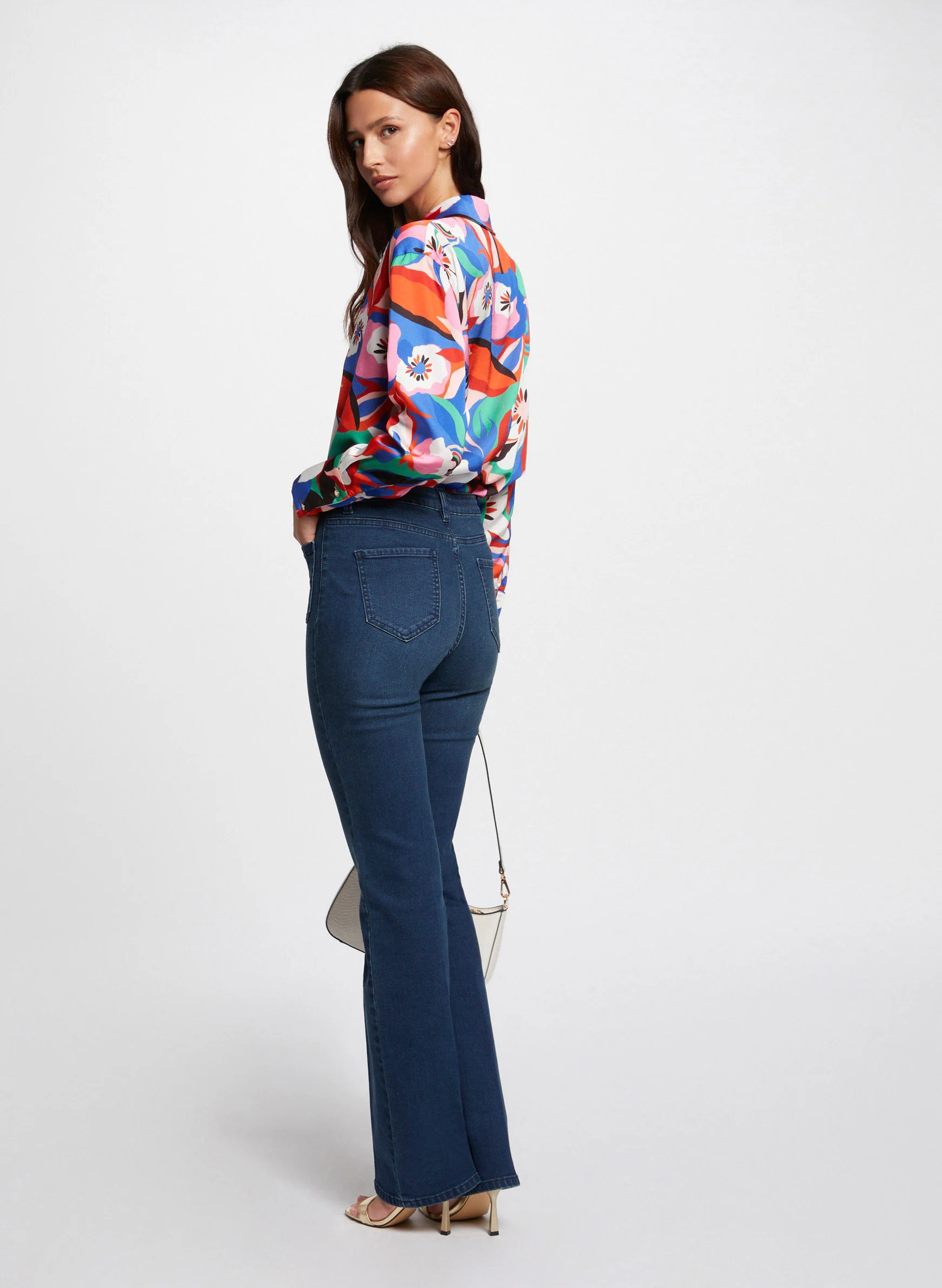 PDARLY - Jean flare taille haute en coton mélangé| Bleu