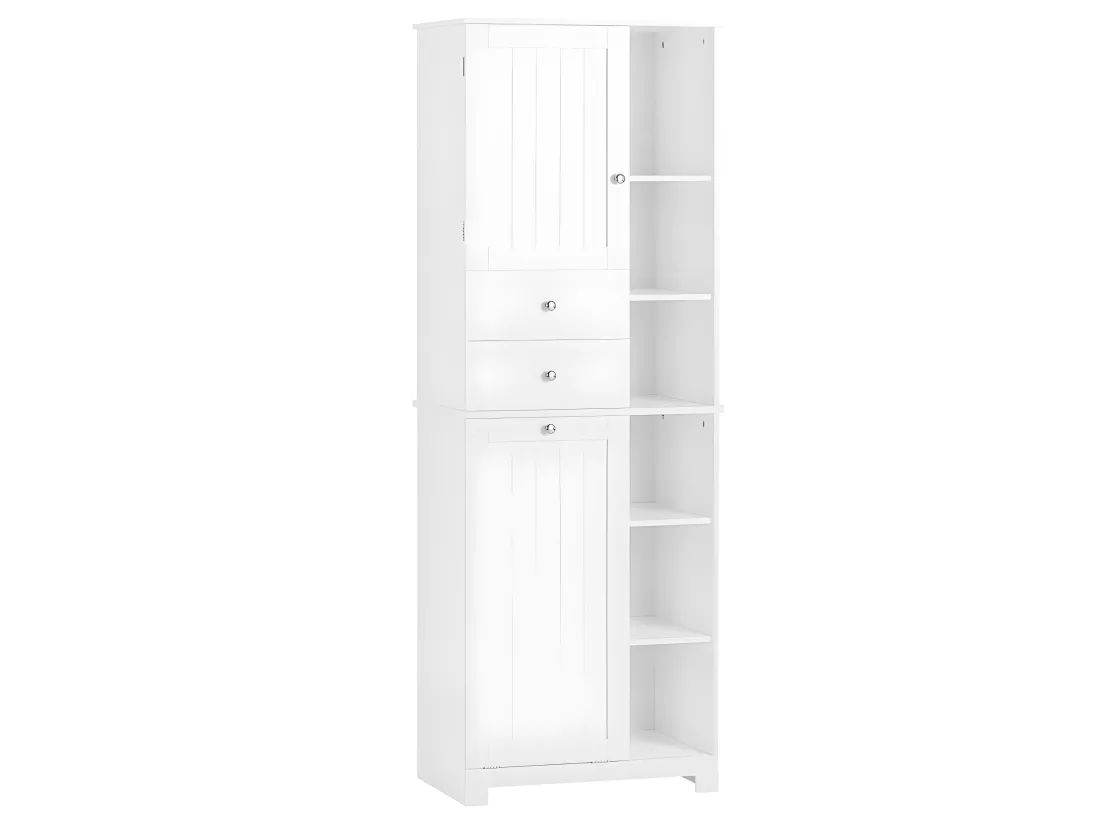 SoBuy BZR104-W Meuble Colonne de Salle de Bain Placard avec 2 Portes et 2 Tiroirs, 6 Étagères et 1 Panier à Linge
