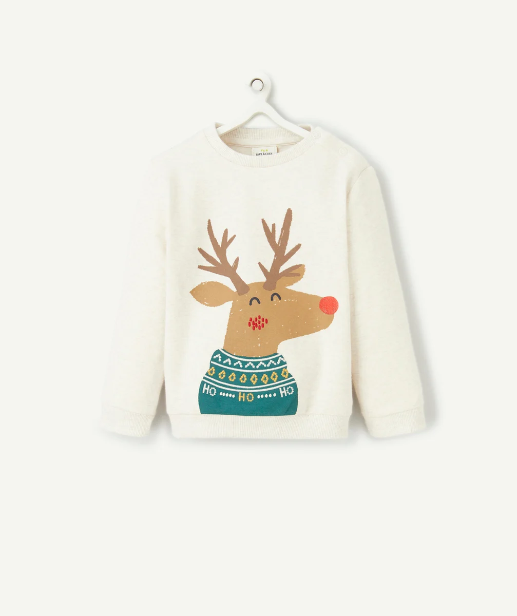 T-SHIRT DE NOËL MANCHES LONGUES BÉBÉ GARÇON ÉCRU ET RENNE