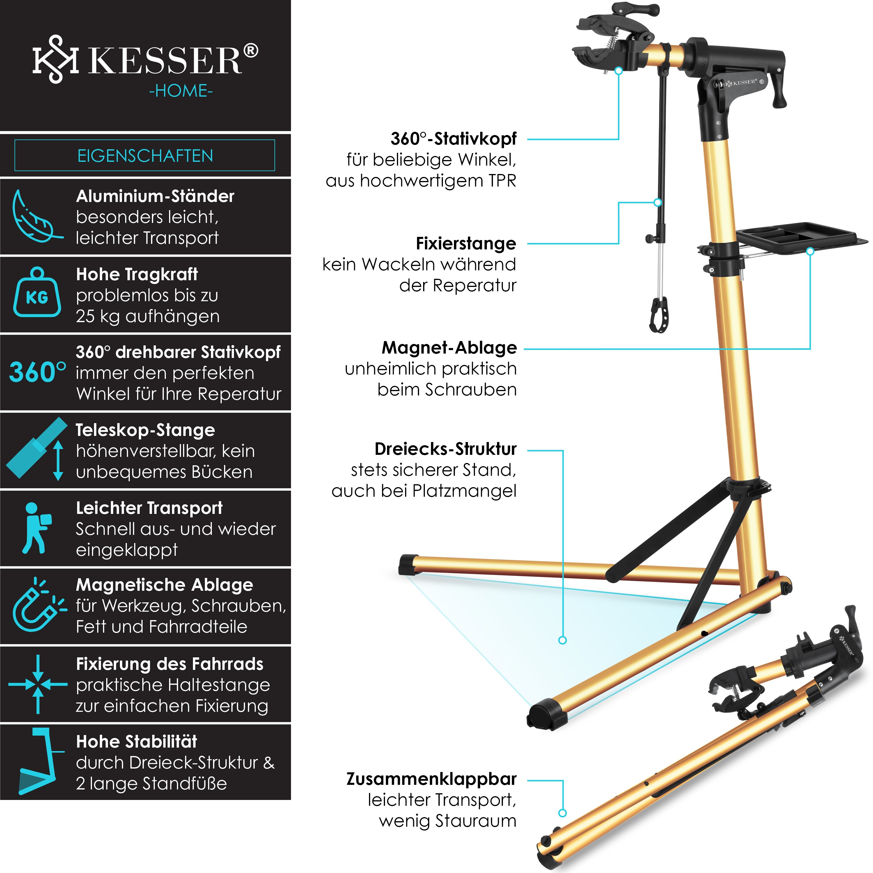 KESSER® Fahrradmontageständer Profi Reparaturständer Aluminium für Fahrräder Mountainbikes E-bike Schwerlast-Montageständer Fahrradständer+Tasche mit Schnelllösevorrichtungen Klemmkopf 360° drehbar