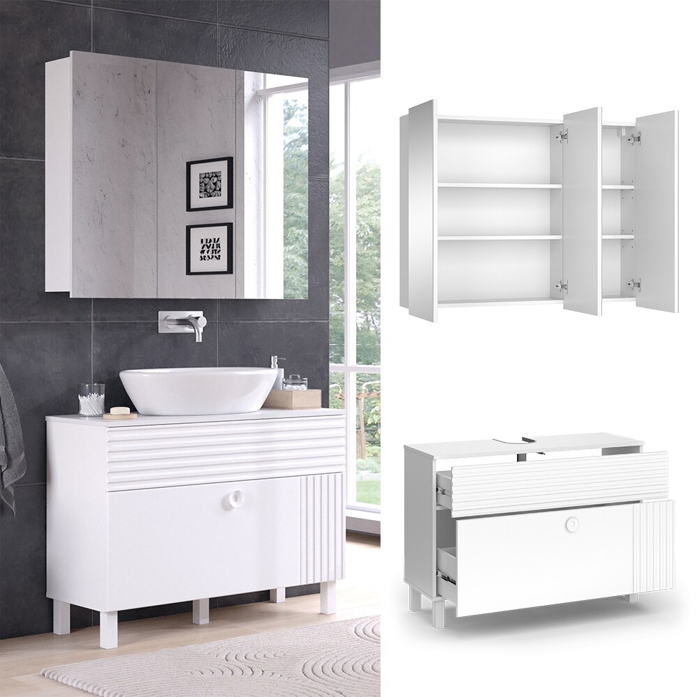 Vicco Badmöbel-Set Sola Weiß matt, moderne Serie, Badezimmer, dekorative Front Waschtischunterschrank Spiegelschrank