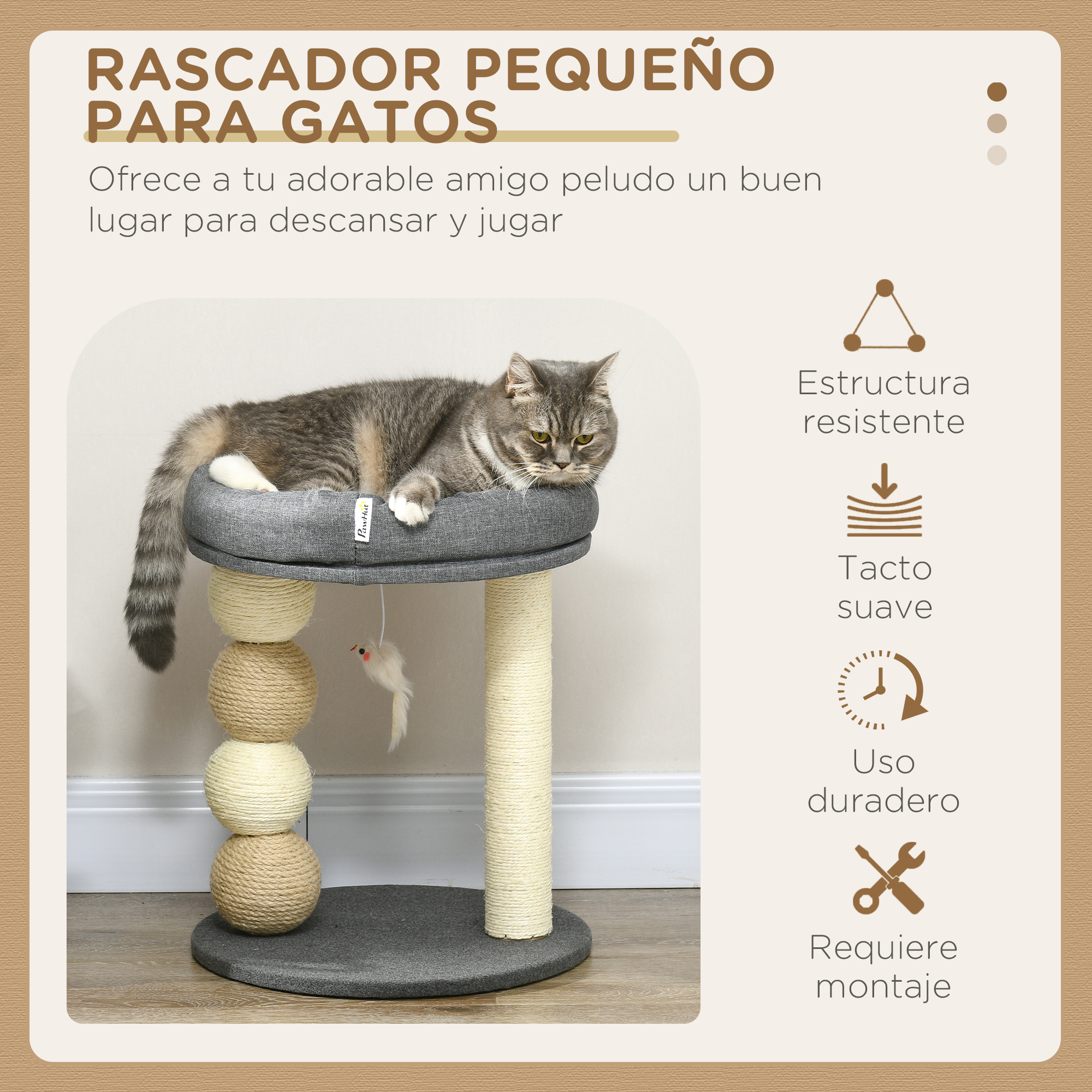Arranhador PawHut para Gatos Pequenos, Torre para Gatos, Centro de Atividades para Gatinhos com Ninho, 4 Bolas e Poste de Sisal, Capacidade de Carga de 15 kg, Ø40x48 cm, Cinza e Bege