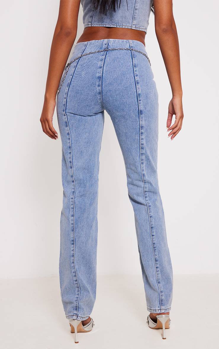 Light Blue Wash Jean Droit Taille Moyenne Avec Détails Zippés Coupe Tall