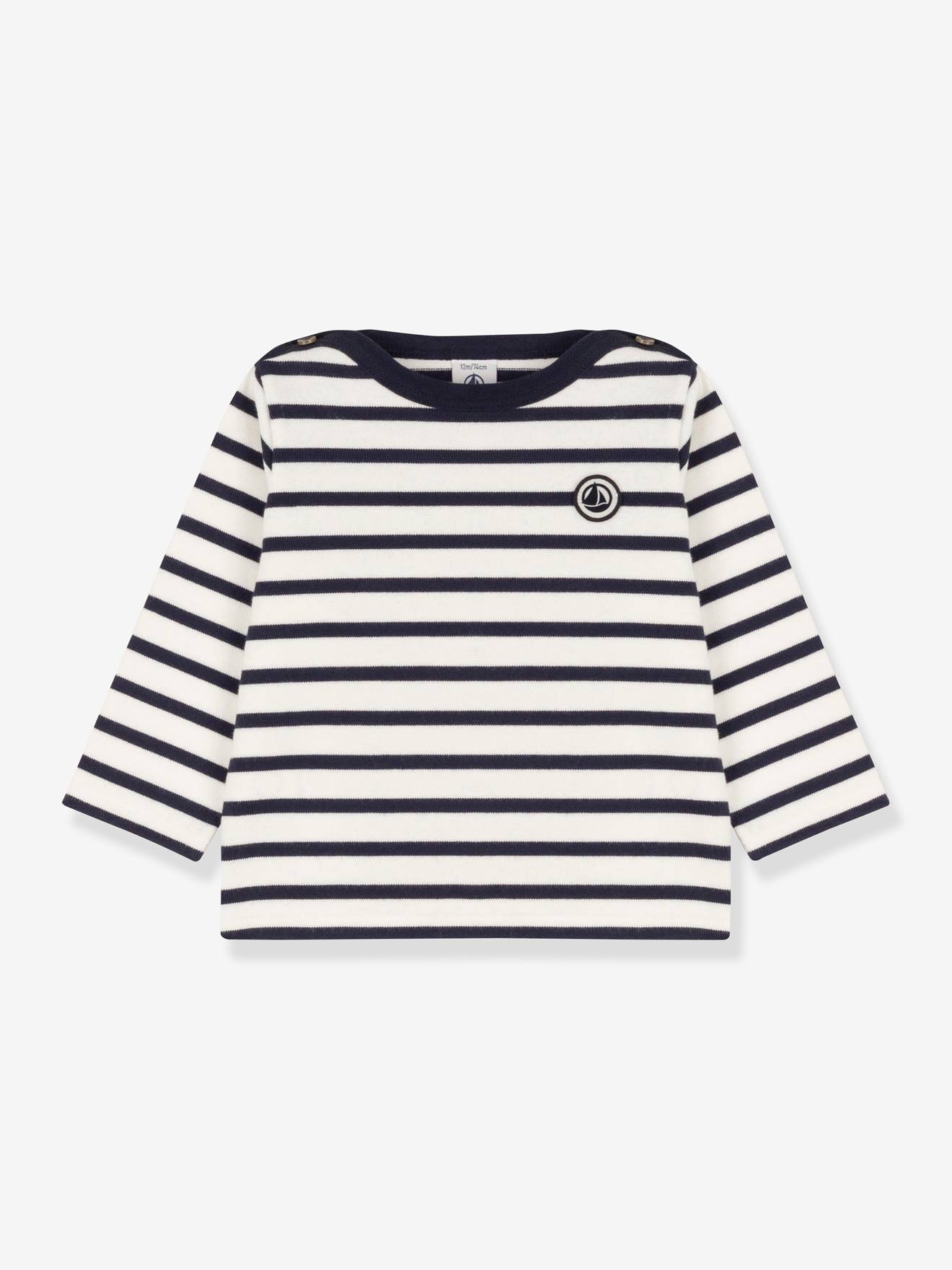 Suéter de marinheiro de manga comprida para bebê PETIT BATEAU, em algodão orgânico, tamanho médio, branco com listras.