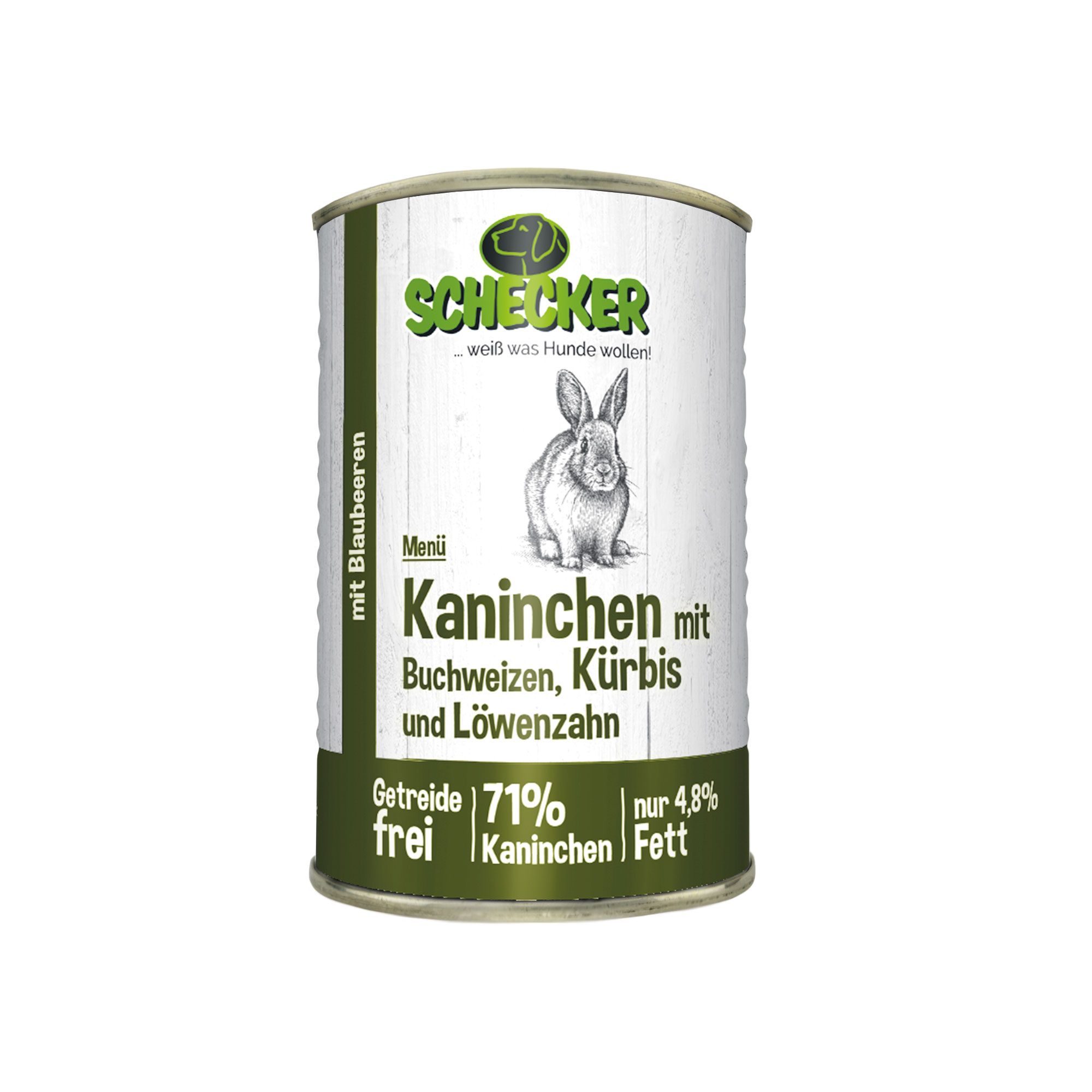 Schecker Nassfutter - Hundemenü mit (71%) Kaninchen - Buchweizen - Kürbis - fettarm
