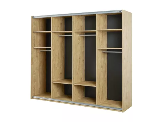 Chambre à coucher collection MORGANE : armoire 250 cm, lit avec applique 160x200, commode, chevets, chêne doré et noir