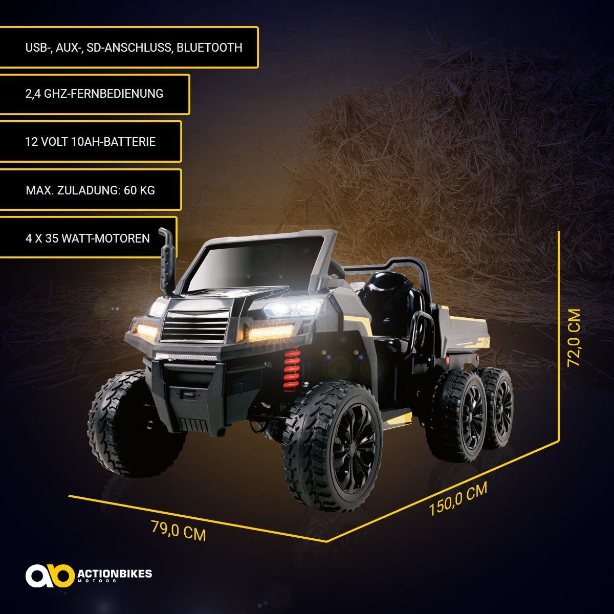 Actionbikes Motors Carrinho Elétrico Infantil A730 UTV, capacidade de carga de 60 kg (2 peças), com controle remoto, entradas USB e AUX, partida suave e frenagem automática.