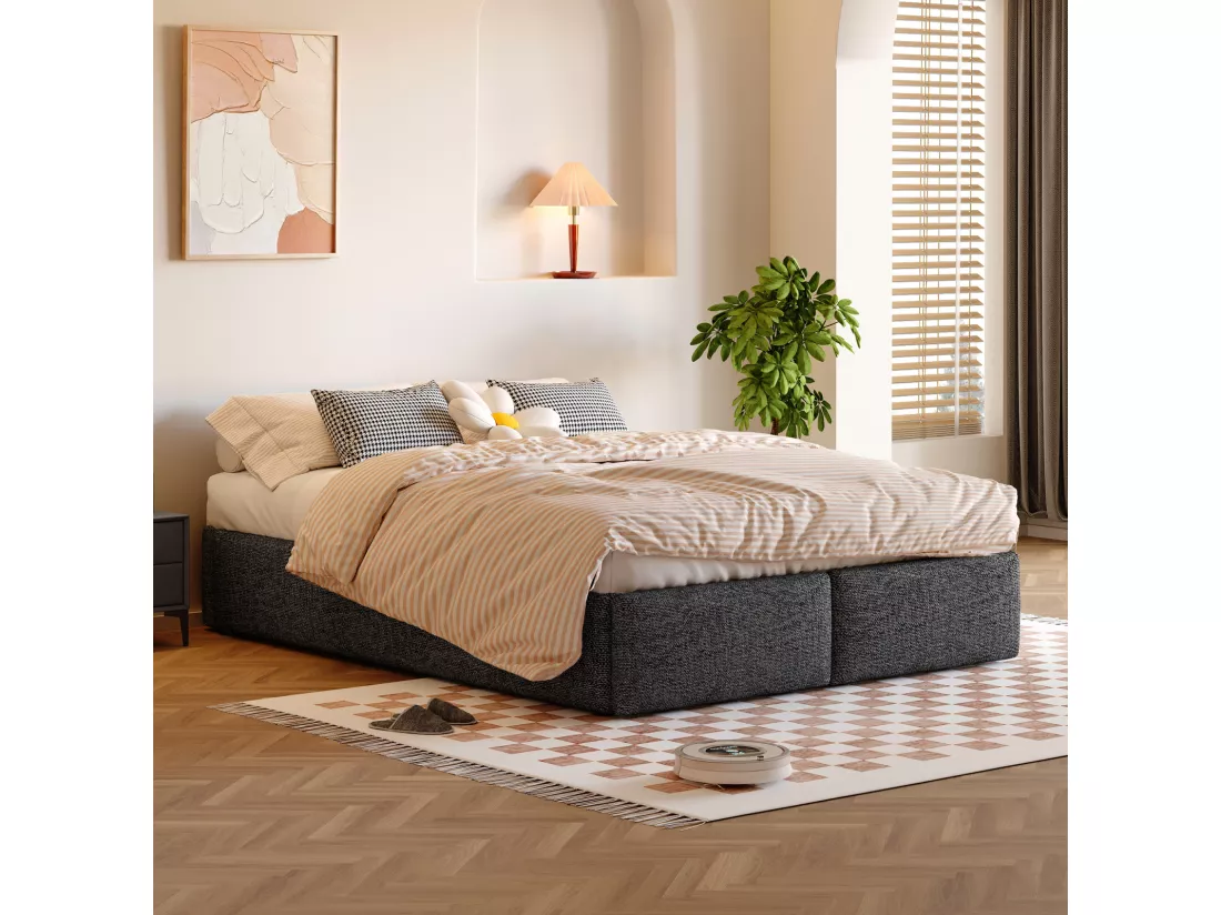 Lit coffre 140x200cm en tissu lin avec 2 tiroirs - sommier à lattes - sans tête de lit - Gris