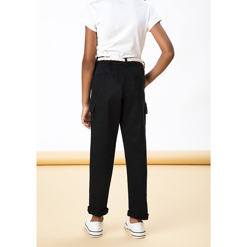 Pantalon twill cargo uni + ceinture tressée pour fille - Noir