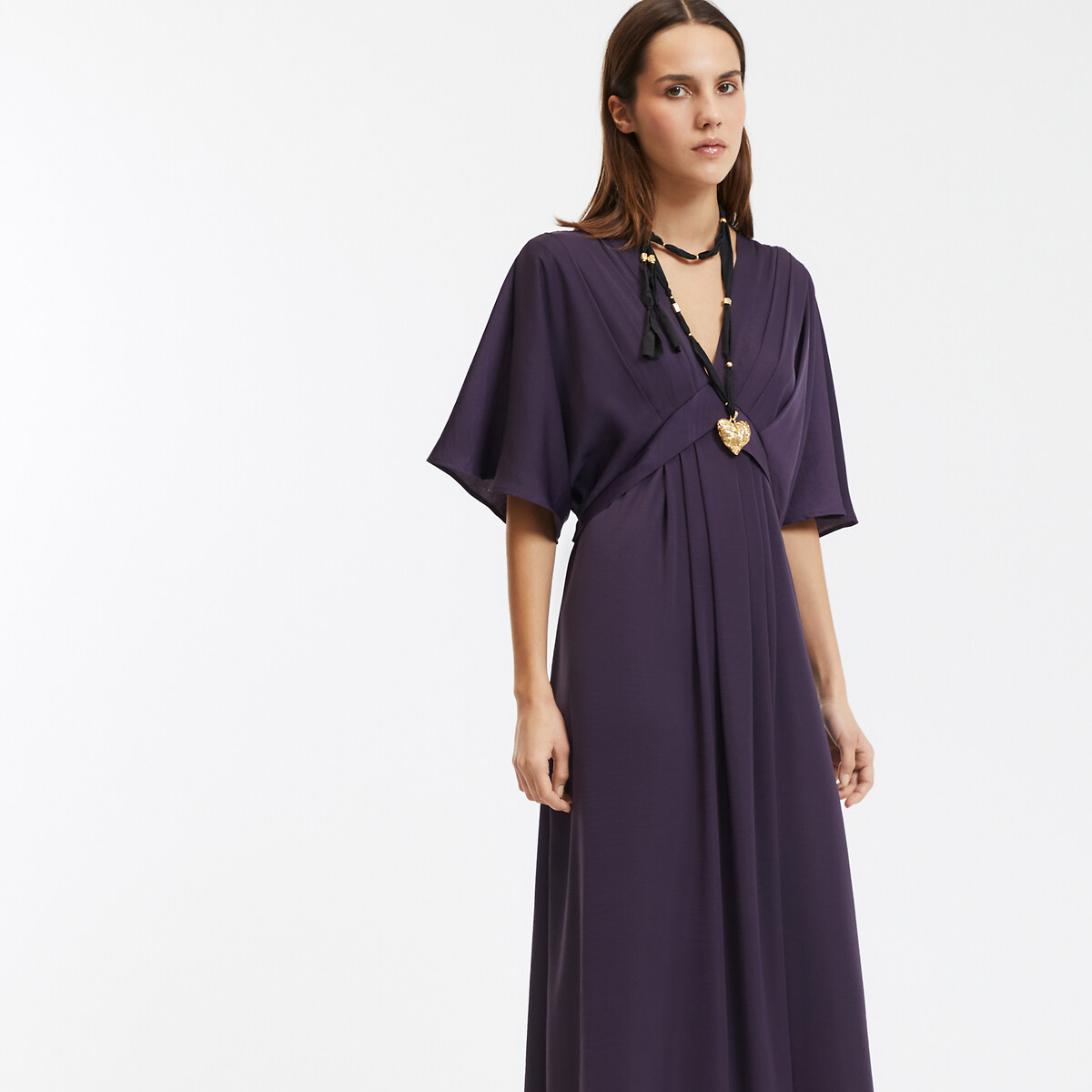 COLEÇÃO LA REDOUTE<br>Vestido longo com estampa de bandeira, decote em V e mangas até o cotovelo