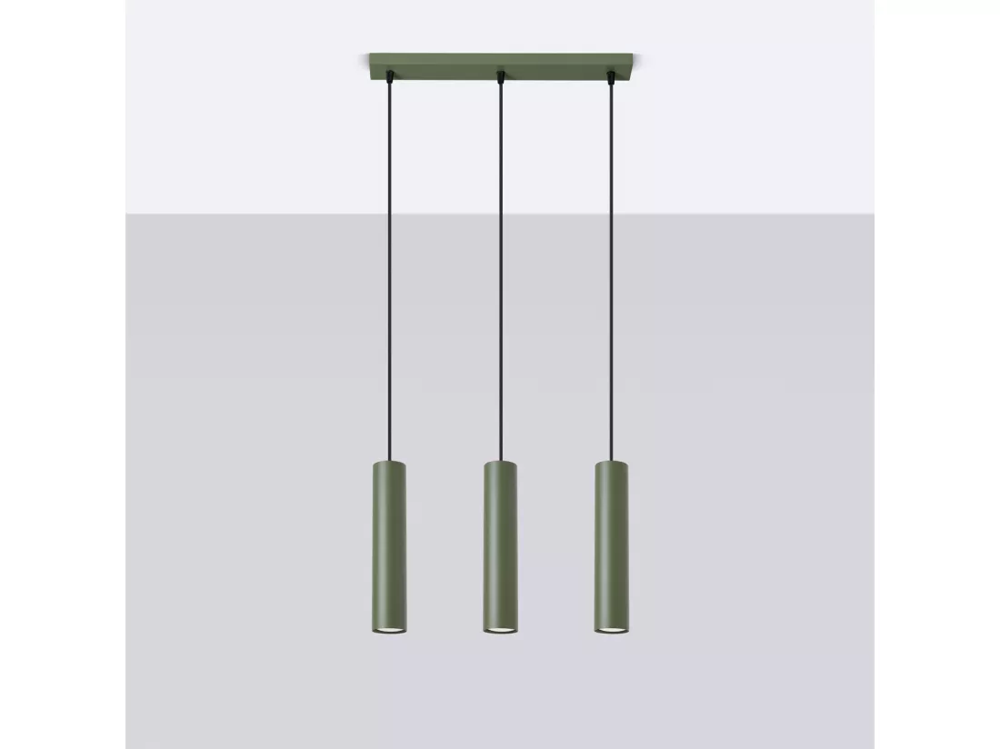 Lampe à suspension Lagos grenier en acier - 3 sources lumineuses - L.45 x H.98 cm - vert olive