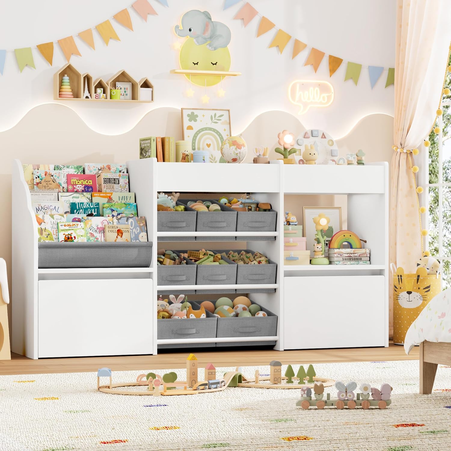 HOCSOK Kinderregal mit 8 Boxen auf Rollen, Regal Kinderzimmer mit Bücherregal, Spielzeugregal Kinderzimmer für Schlafzimmer Kindergarten, Weiß, 158x80x29.7cm