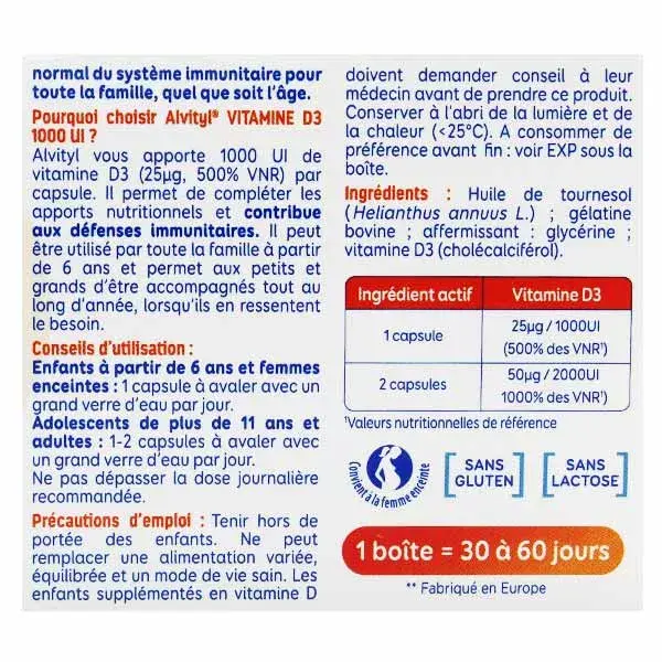 Alvityl Vitamina D3 1000UI, para maiores de 6 anos, 60 cápsulas