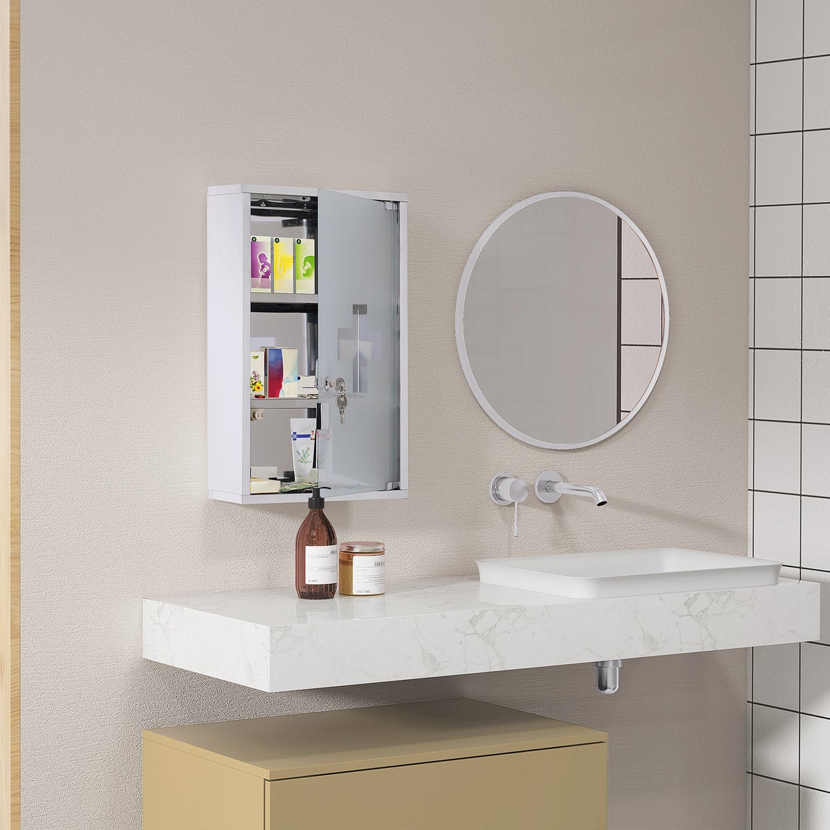 HOMCOM Medicijnkast, EHBO-kast met slot, roestvrij staal, 30 x 18 x 50 cm
