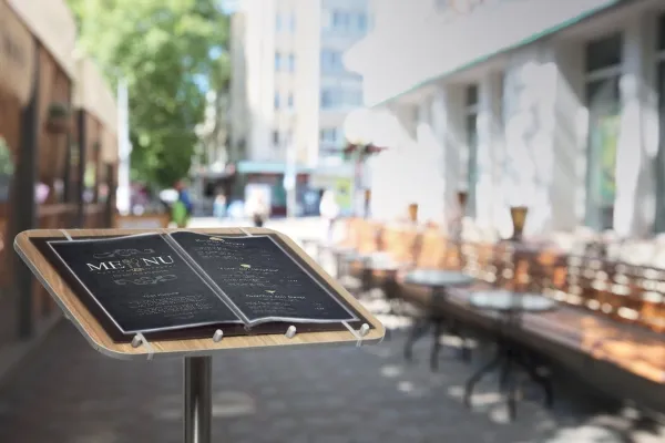 Securit® MENU STAND i rustfrit stål og teak