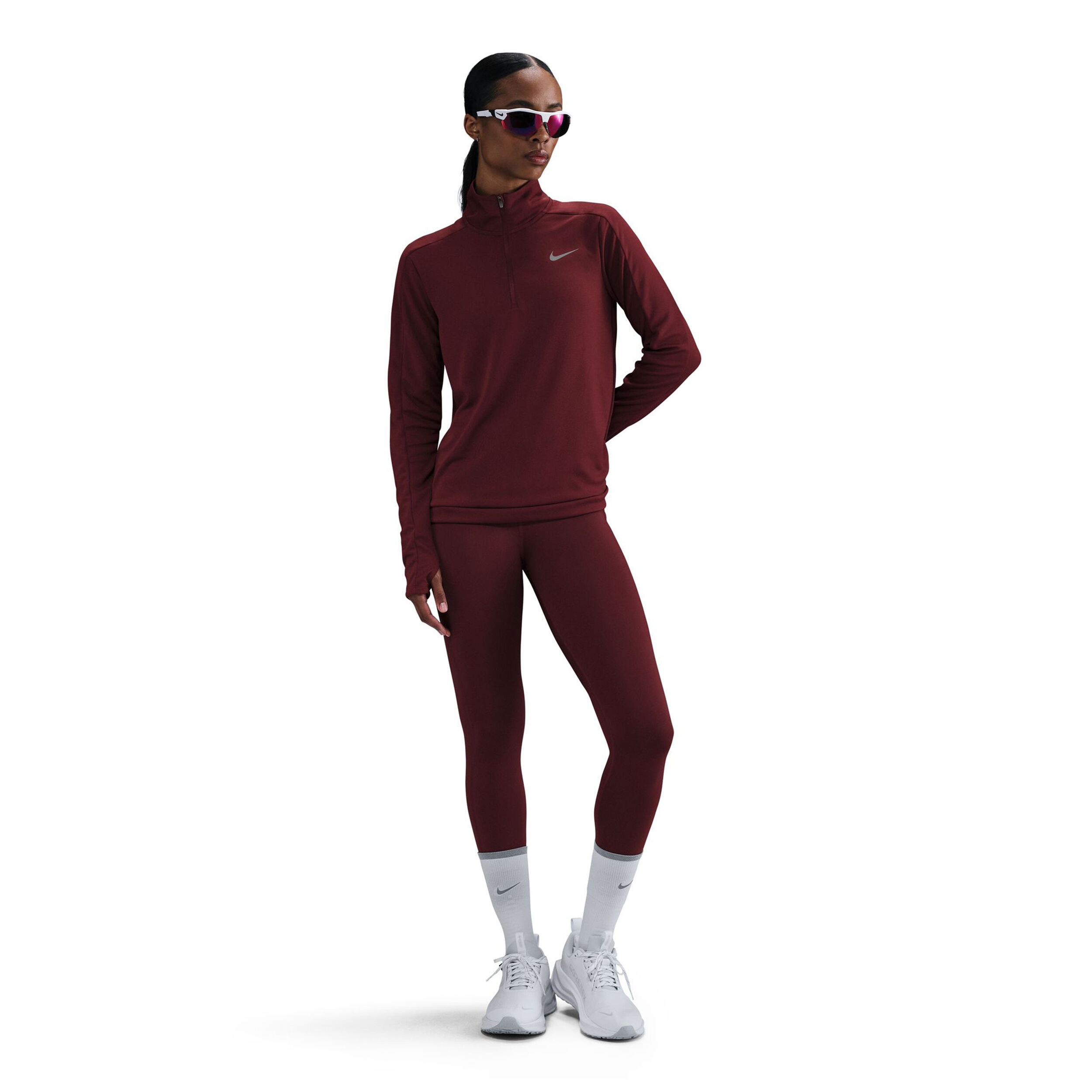 Nike Dri-Fit Pacer Half Zip Haut Manches Longues Femmes - Rouge Foncé , Argent