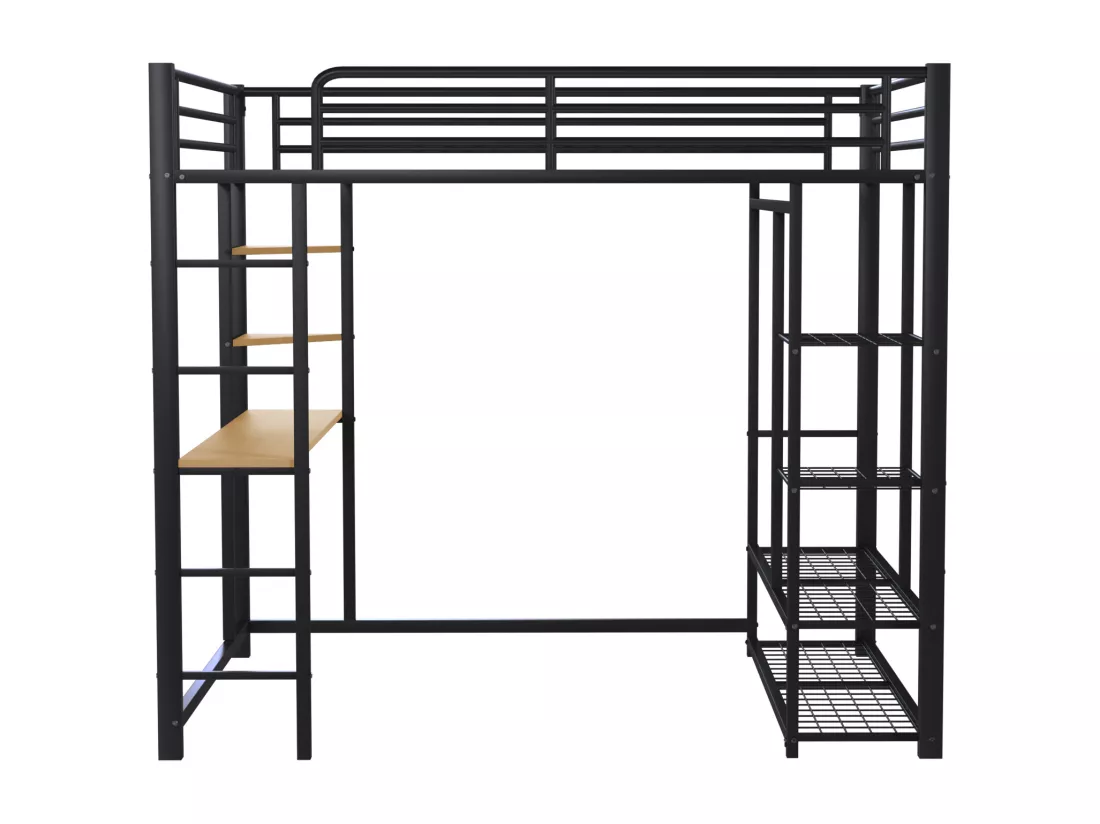 Lit mezzanine 140x200cm en métal - avec table et étagères - Noir