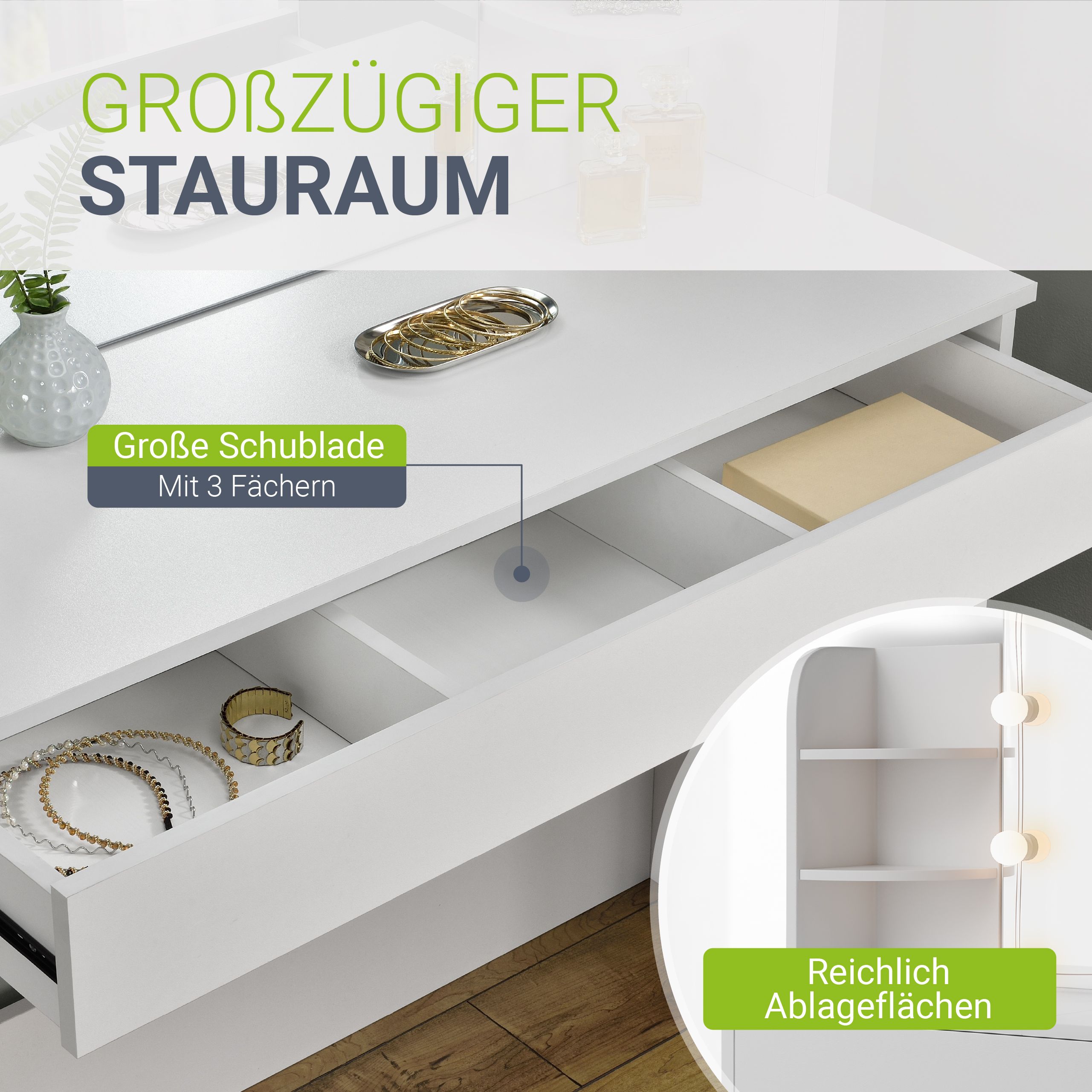 Juskys Schminktisch Bella mit LED & Hocker Tonia rund, höhenverstellbar - Spiegel & Stauraum - Weiß
