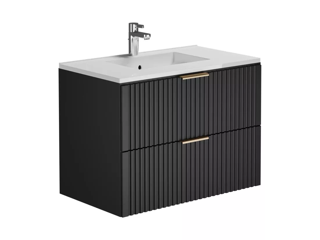 Meuble de salle de bain suspendu strié avec vasque à encastrer - Noir - 80 cm - ZEVARA