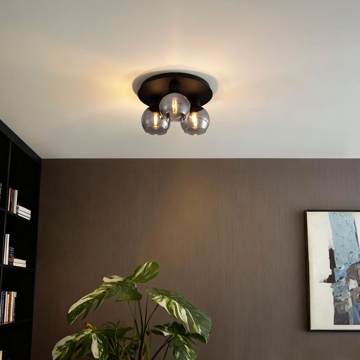 Art Deco plafondlamp zwart met smoke glas 3-lichts - Vidro