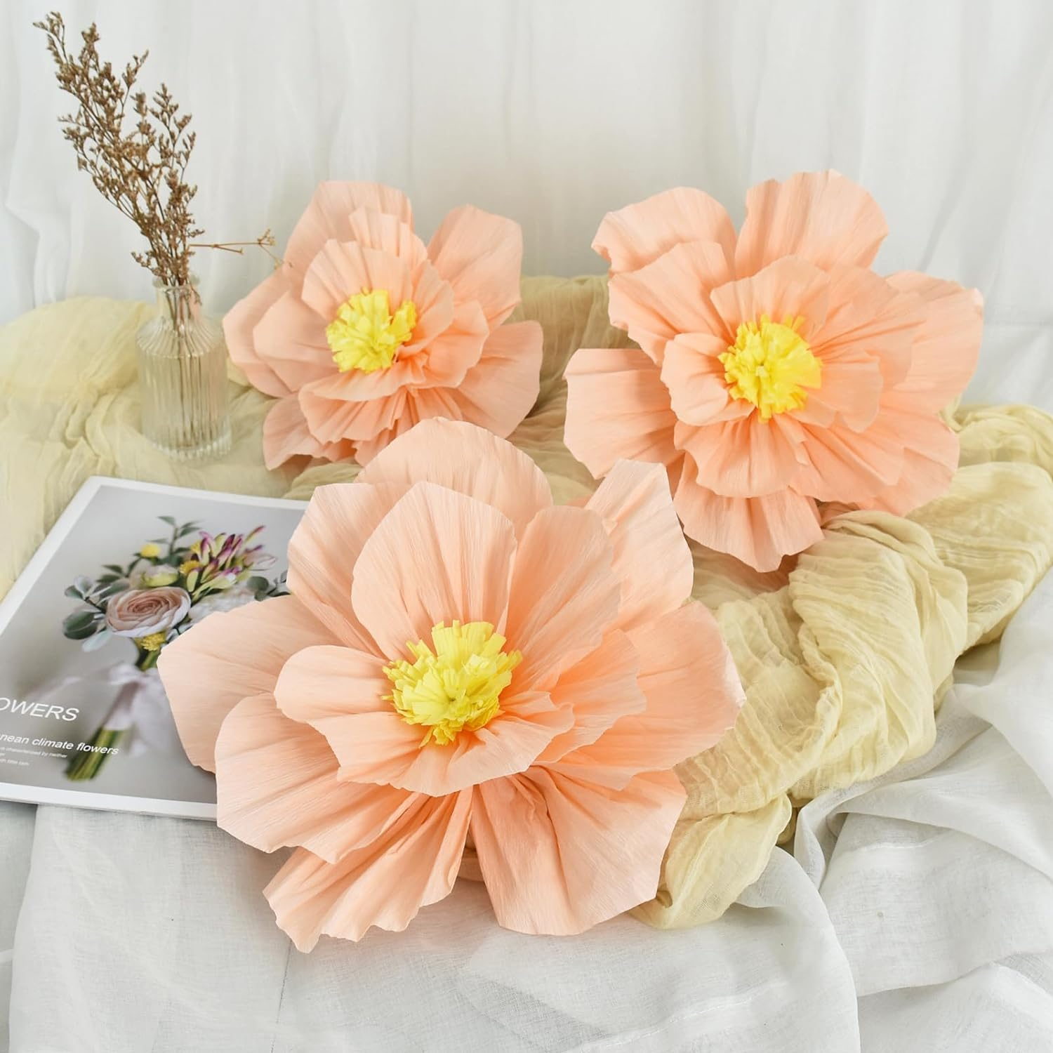 (3er Set) Krepppapier Kunstblumen DIY Wand Party Deko Pfingstrosen Photo Booth Bastel Blumenwand - Rosa