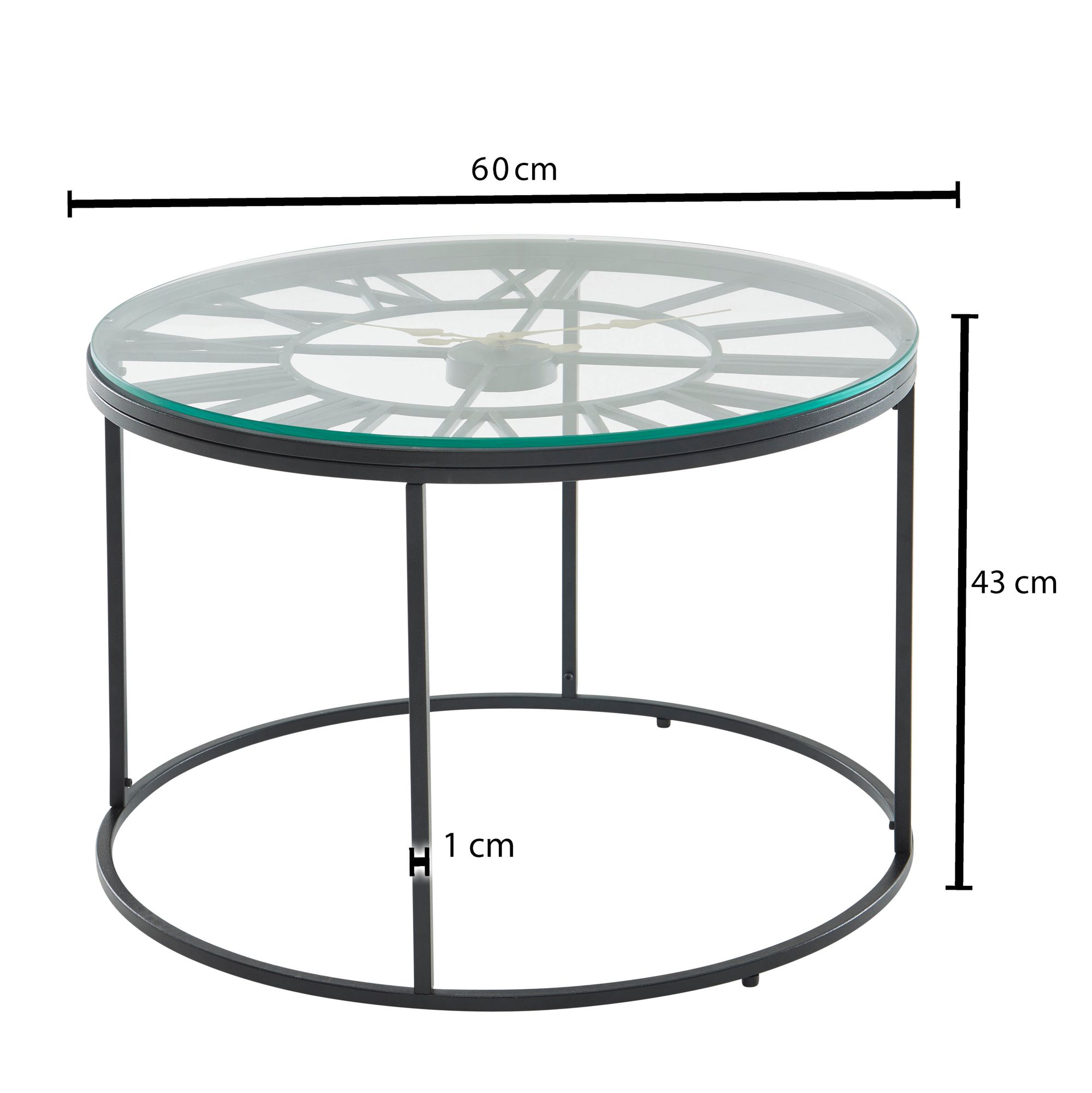 KADIMA DESIGN Couchtisch GESSO mit Uhr: Einscheibensicherheitsglas, pulverbeschichtetes Metallgestell, römische Uhr, handgefertigt.