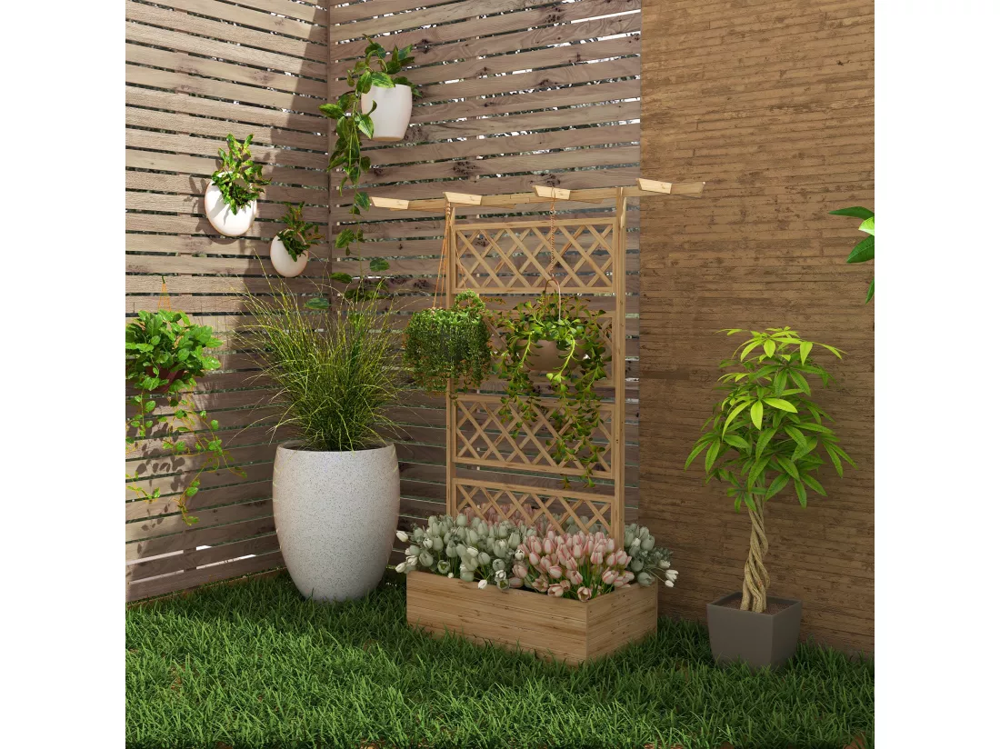 Jardinière avec treillis et pergola - dim. 160L x 55l x 183H cm - bois sapin pré-huilé