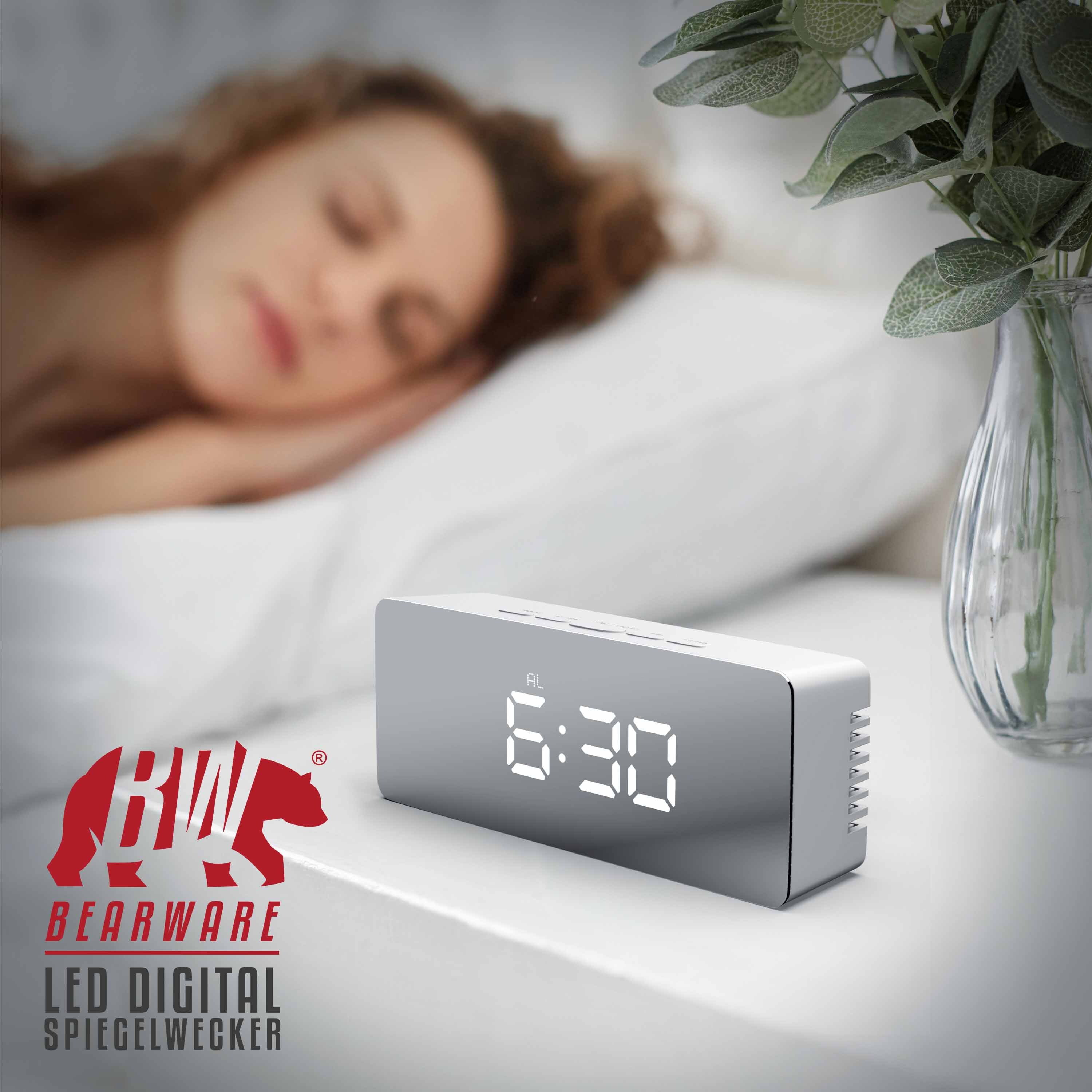 BEARWARE Wecker, LED Digital Spiegelwecker mit Nachtmodus & Temperaturanzeige, Kosmetikspiegel