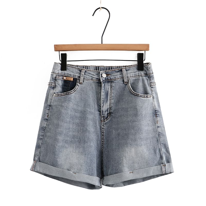 uliaque - Plus Size Elastische Taille Oprolbare Zoom Gewassen Denim Shorts