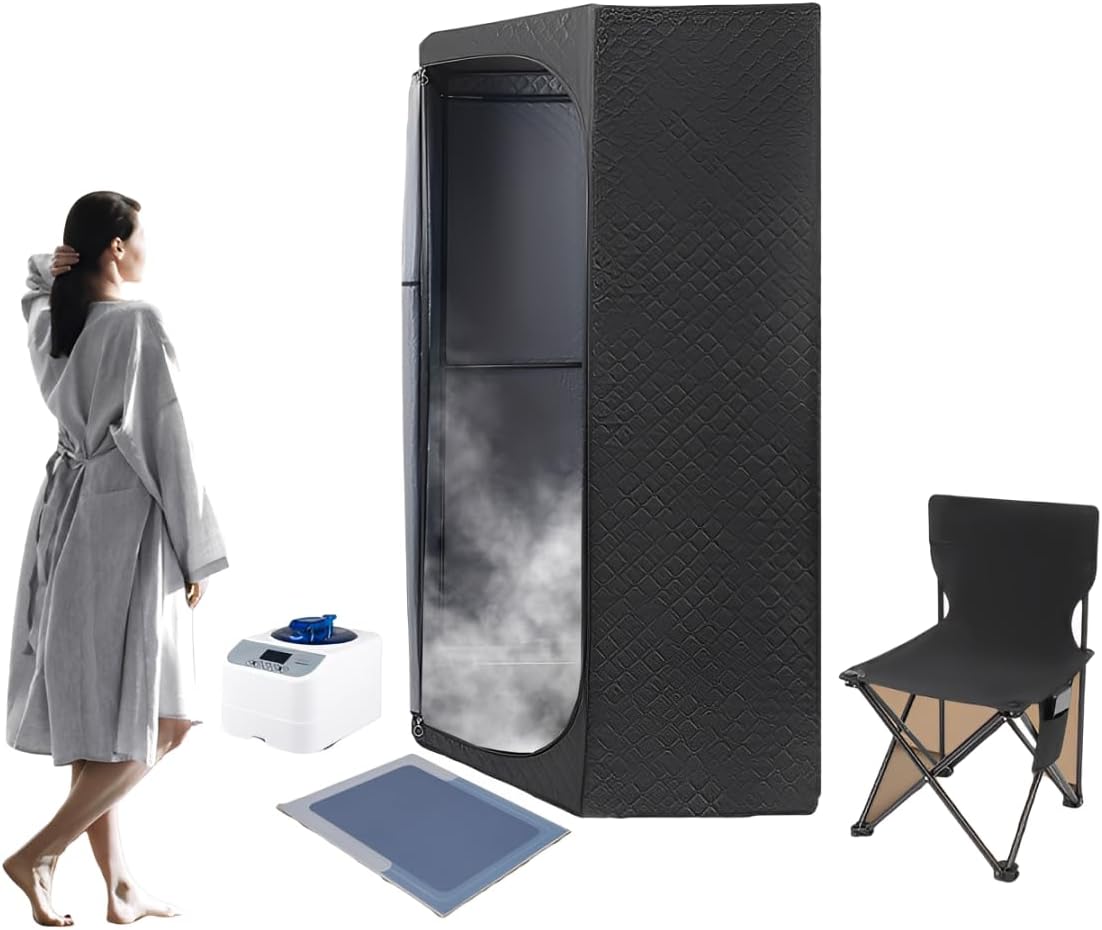 Dampfsauna, Tragbare Sauna für zuhause, 9 Stufen Heizpegel, Zeitbereich 5-60min, Saunakiste mit Dampfgarern, Klappstuhl, Matte, Fernbedienung, Tragbare Tasche, 1350W, 3 L, Pentagons, Schwarz