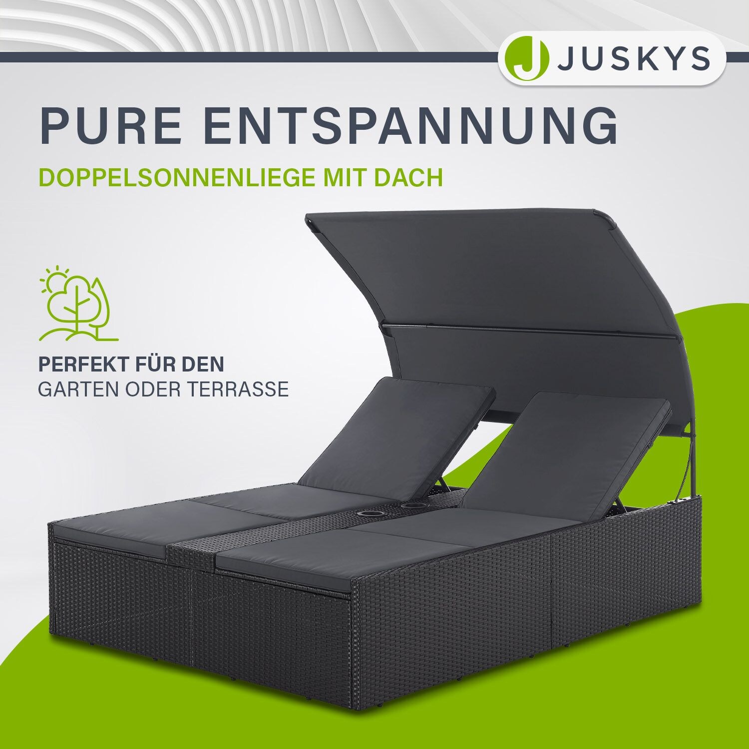Juskys Polyrattan Doppelliege Syros - Outdoor Liege mit Dach & Auflagen - Sonnenliege Schwarz