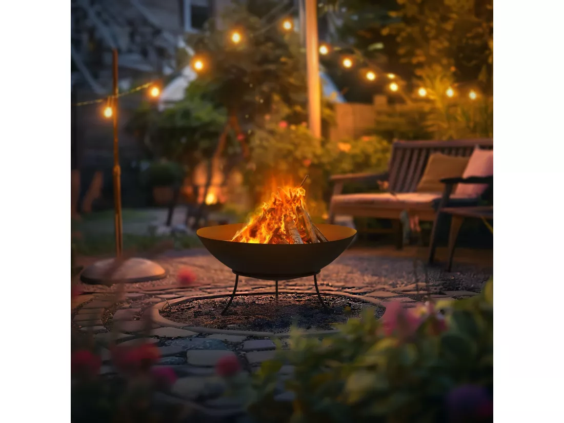 Bol à feu basero noir en acier avec 3 pieds foyer grille barbecue Ø 50 x 24 cm
