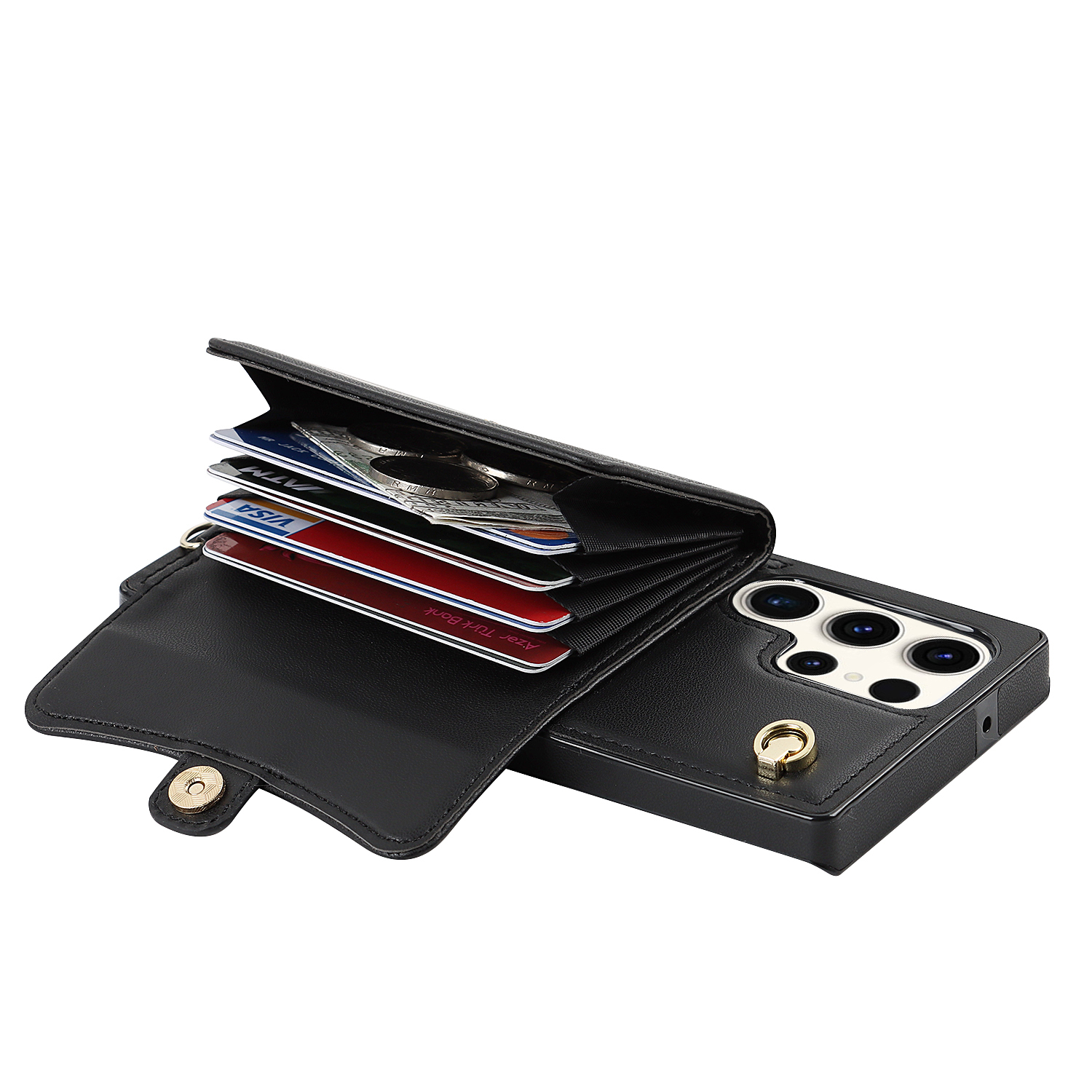 Samsung Galaxy S23 Ultra 5G Necklace Leder Schutz Hülle mit Kartenfach   Handykette (140cm) - Schwarz