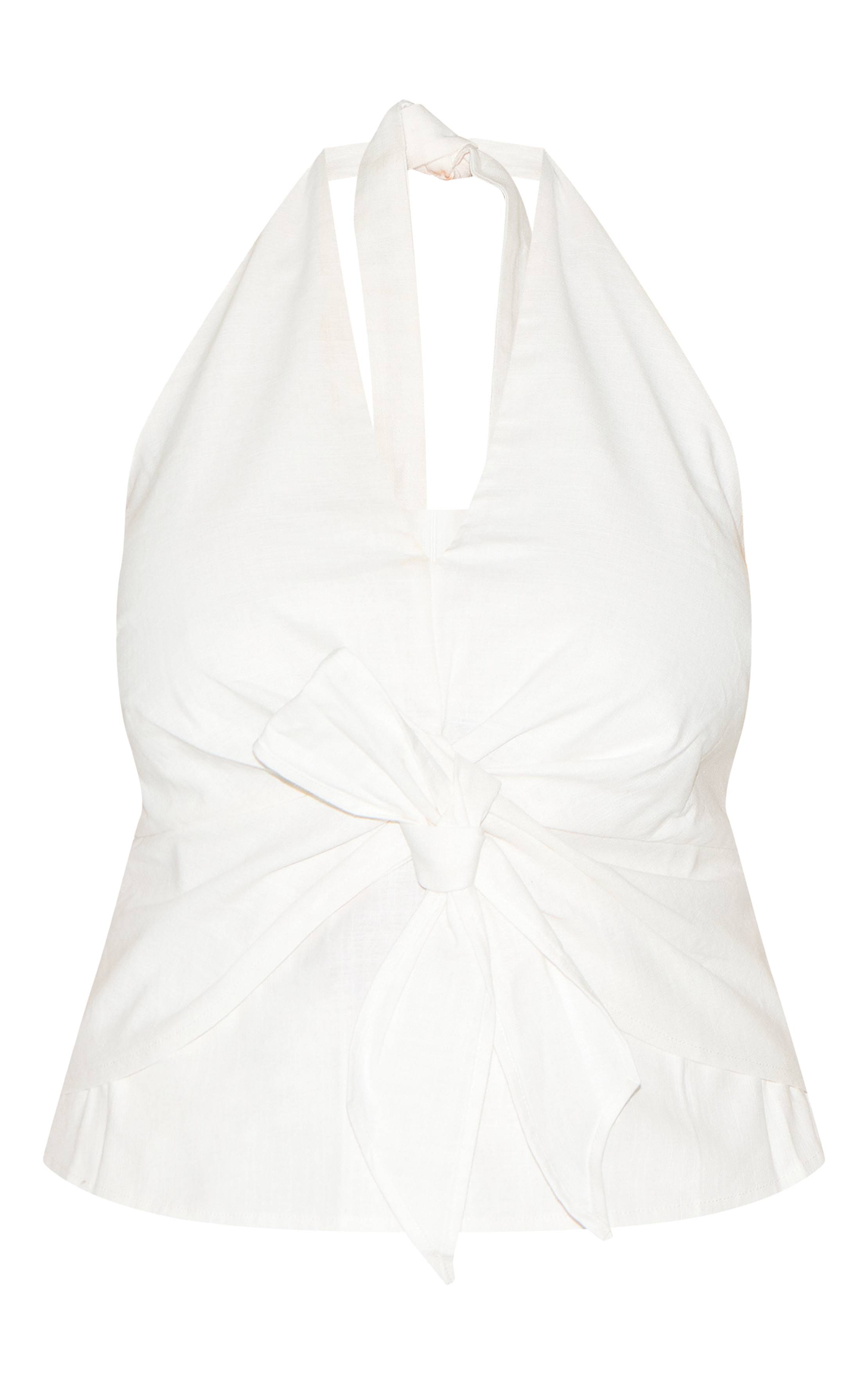 Blanc Haut Grande Taille En Lin À Col Licou Avec Détail Torsadé Devant